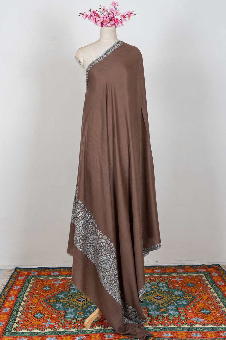 3 Yards Mocha Silver Bloom: Pure Pashmina Hand Embroidered Shawl