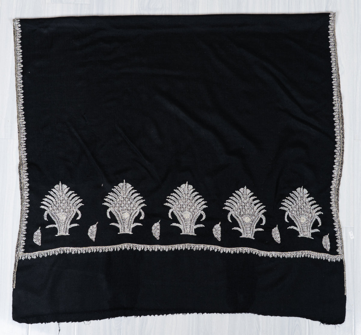 Midnight Silver Fern Fine Merino Wool Shawl with Sozni Hand Embroidered Botanical Motifs