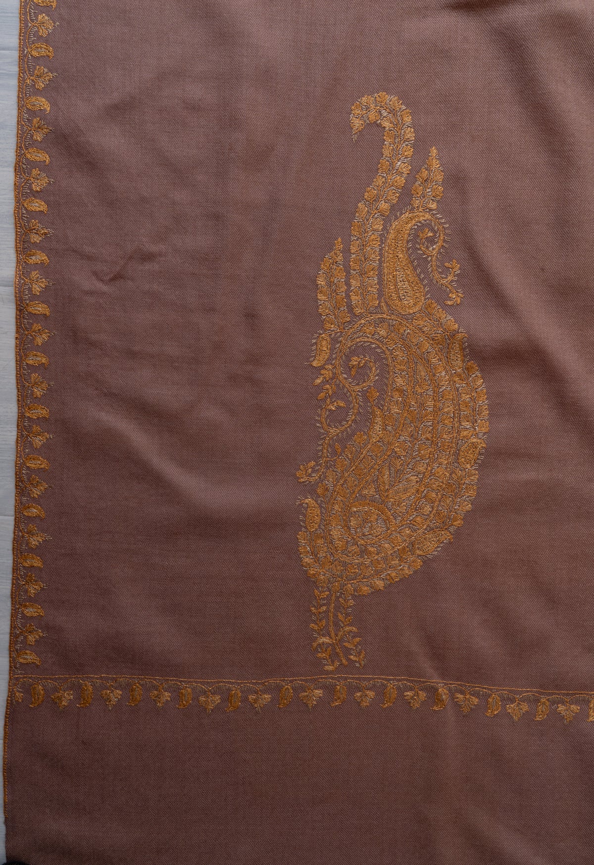 Rosewood Gold Fine Merino Wool Shawl with Sozni Hand Embroidered Ornamental Paisleys