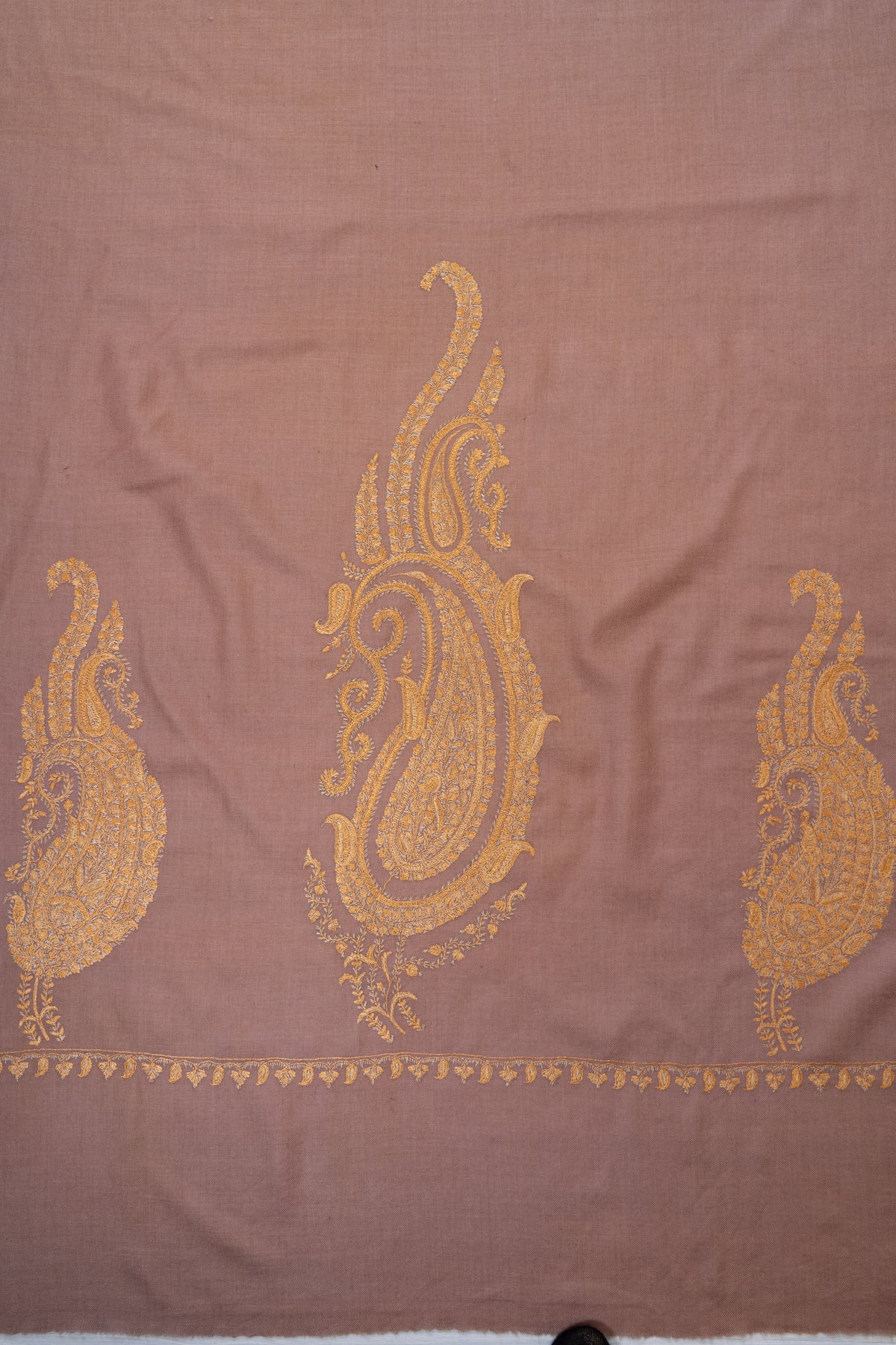 Rosewood Gold Fine Merino Wool Shawl with Sozni Hand Embroidered Ornamental Paisleys