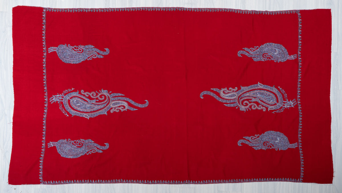 Scarlet Silver Splendor Fine Merino Wool Shawl with Sozni Hand Embroidered Paisley Motifs