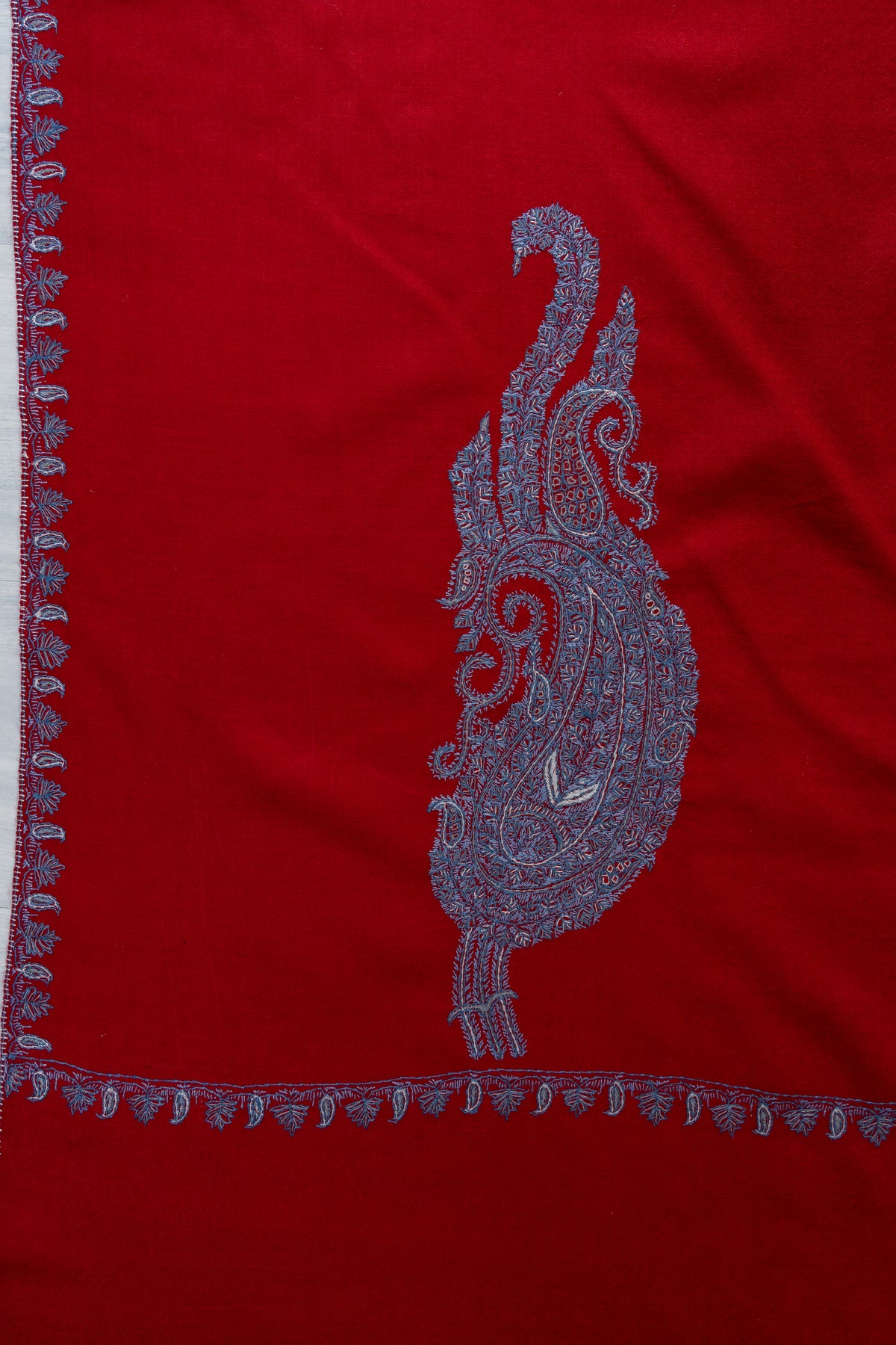 Scarlet Silver Splendor Fine Merino Wool Shawl with Sozni Hand Embroidered Paisley Motifs