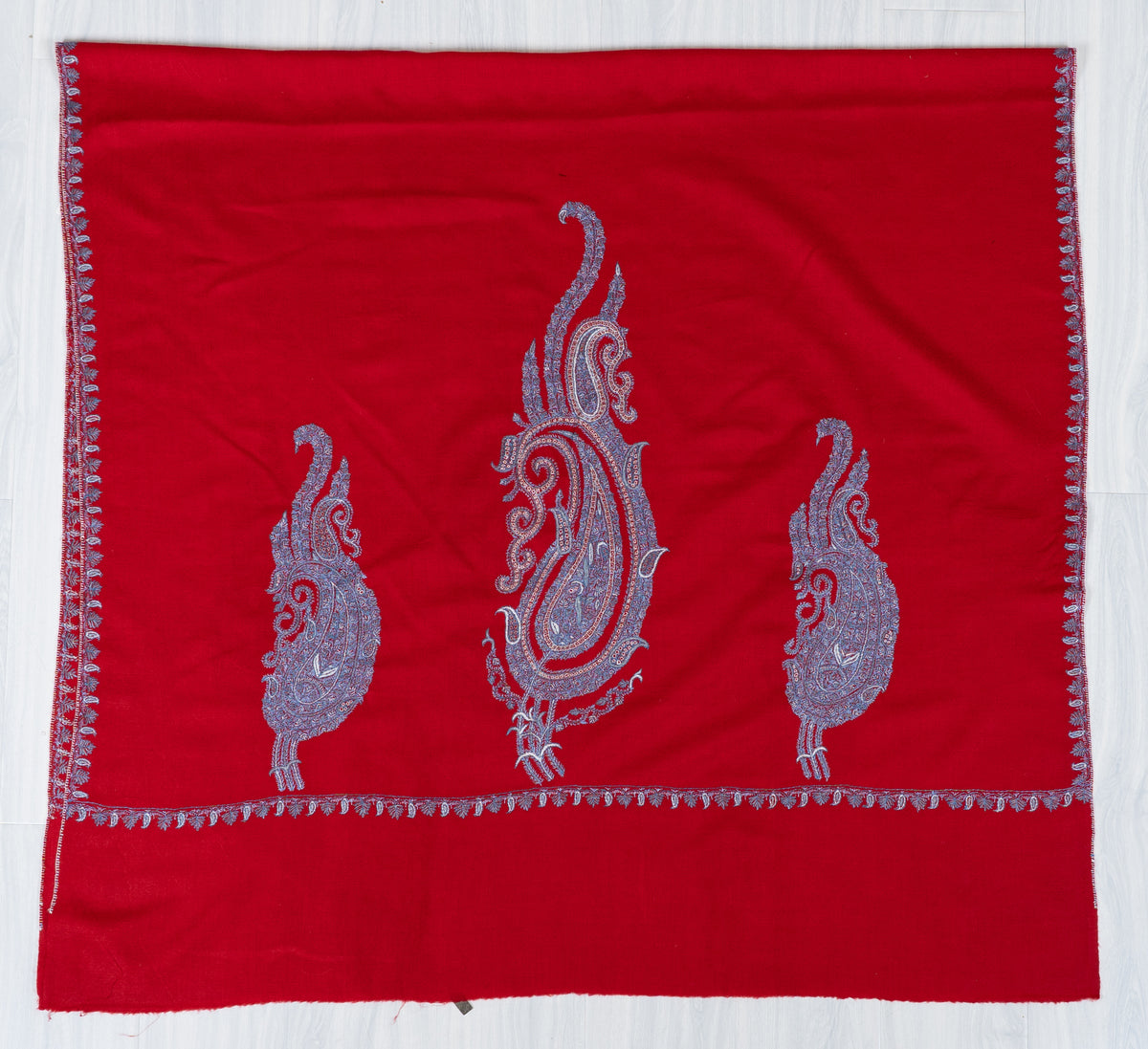 Scarlet Silver Splendor Fine Merino Wool Shawl with Sozni Hand Embroidered Paisley Motifs