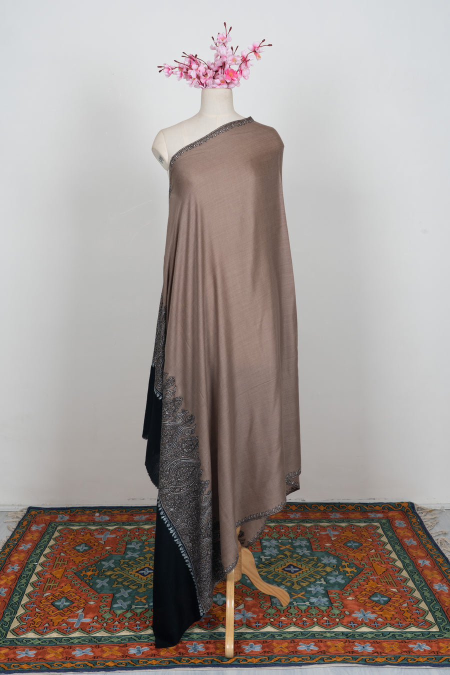 Desert Noir Paisley: Merino wool 2.5 Yards Sozni Hand Embroidered Shawl