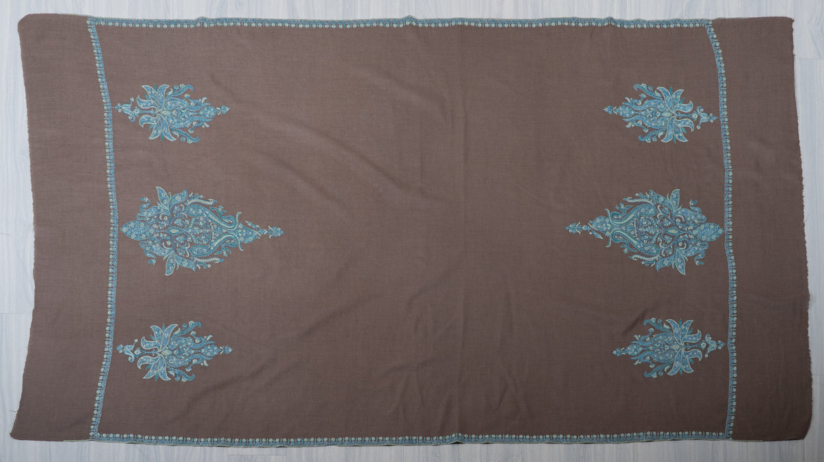 Taupe Tranquility Fine Merino Wool Shawl with Turquoise Sozni Hand Embroidered Paisleys
