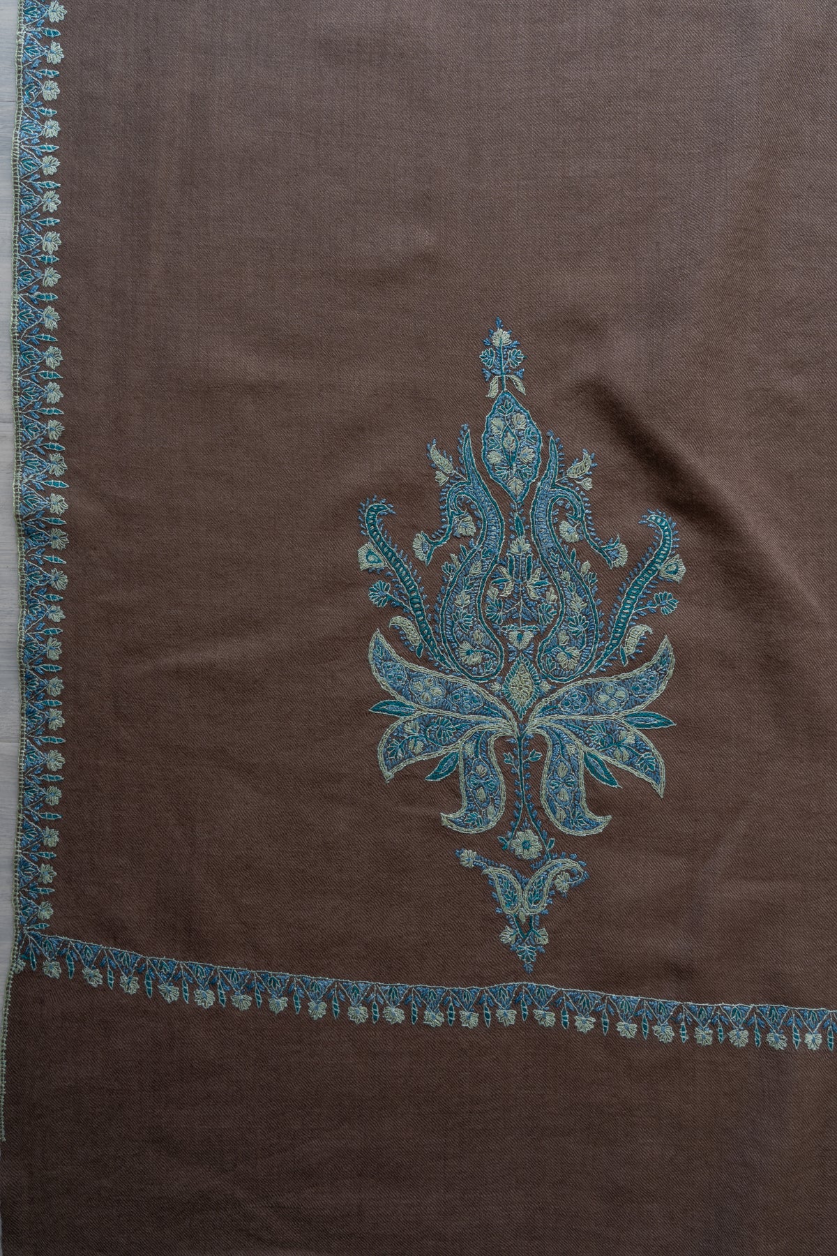 Taupe Tranquility Fine Merino Wool Shawl with Turquoise Sozni Hand Embroidered Paisleys