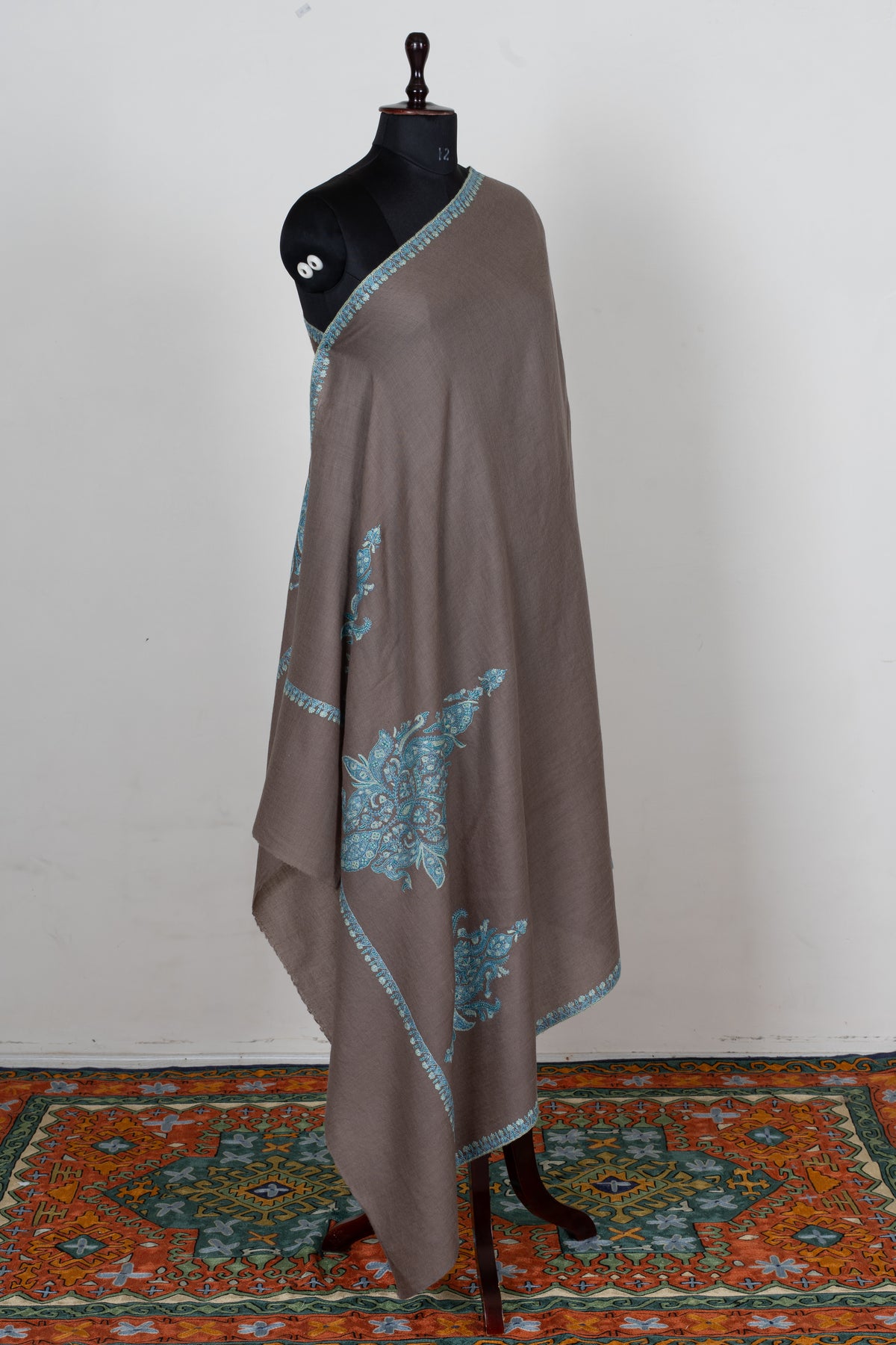 Taupe Tranquility Fine Merino Wool Shawl with Turquoise Sozni Hand Embroidered Paisleys