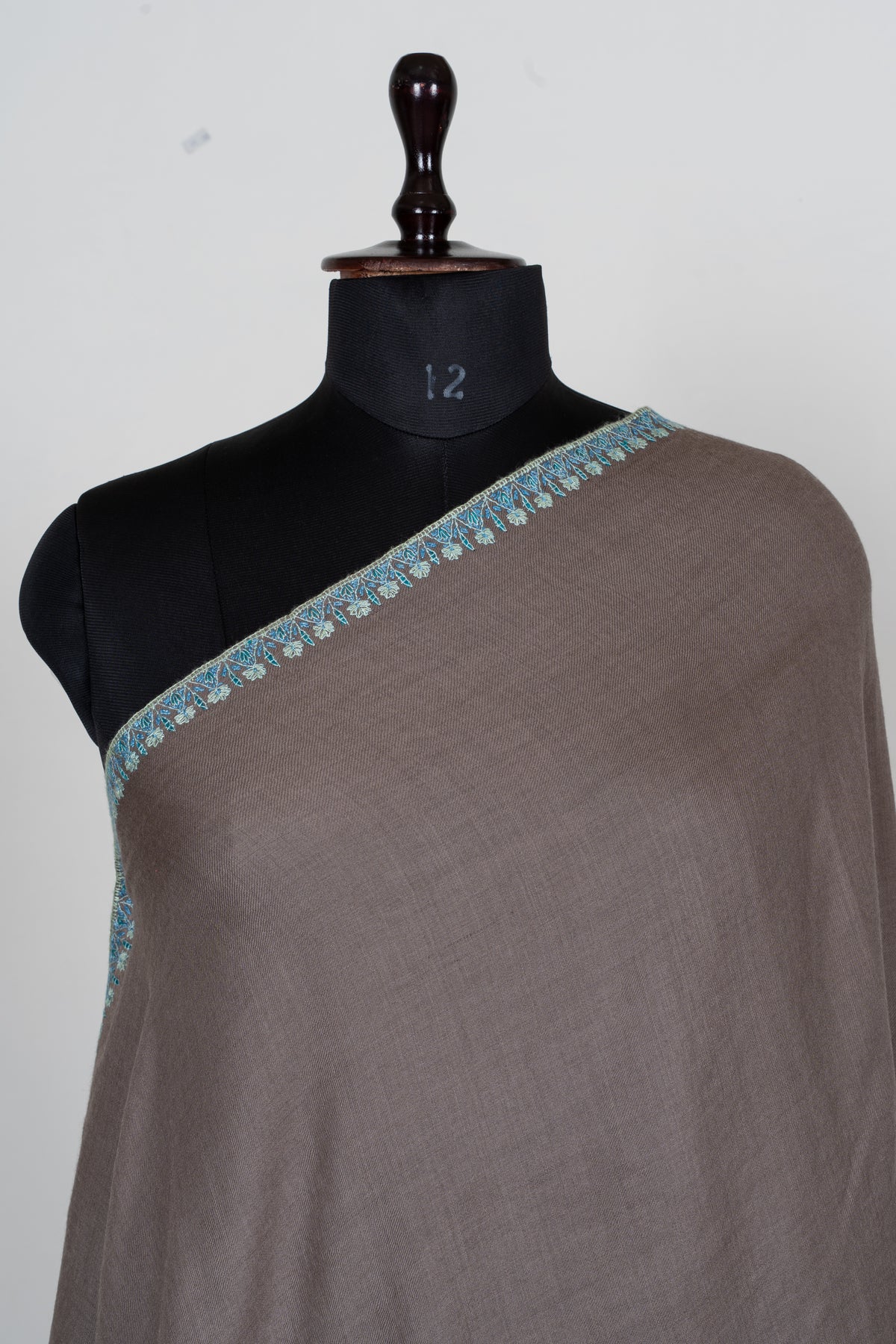 Taupe Tranquility Fine Merino Wool Shawl with Turquoise Sozni Hand Embroidered Paisleys