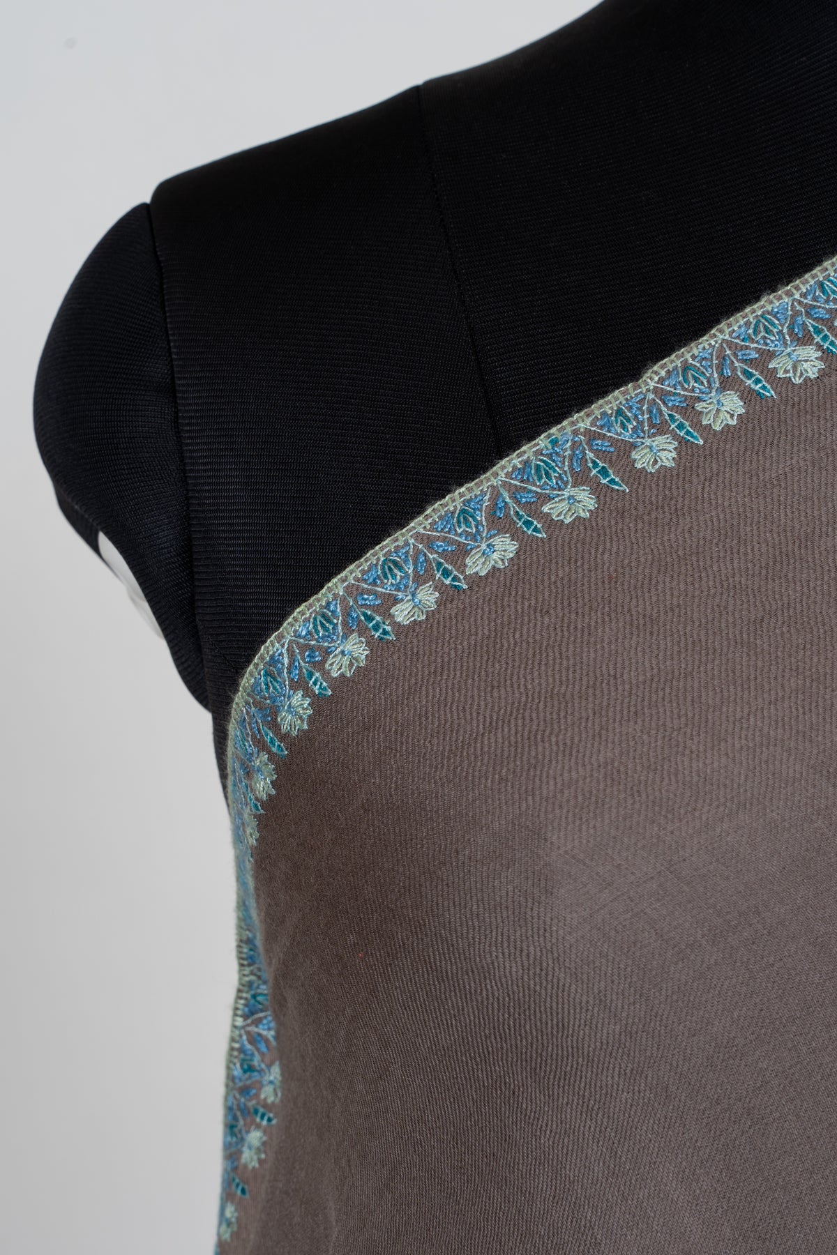 Taupe Tranquility Fine Merino Wool Shawl with Turquoise Sozni Hand Embroidered Paisleys