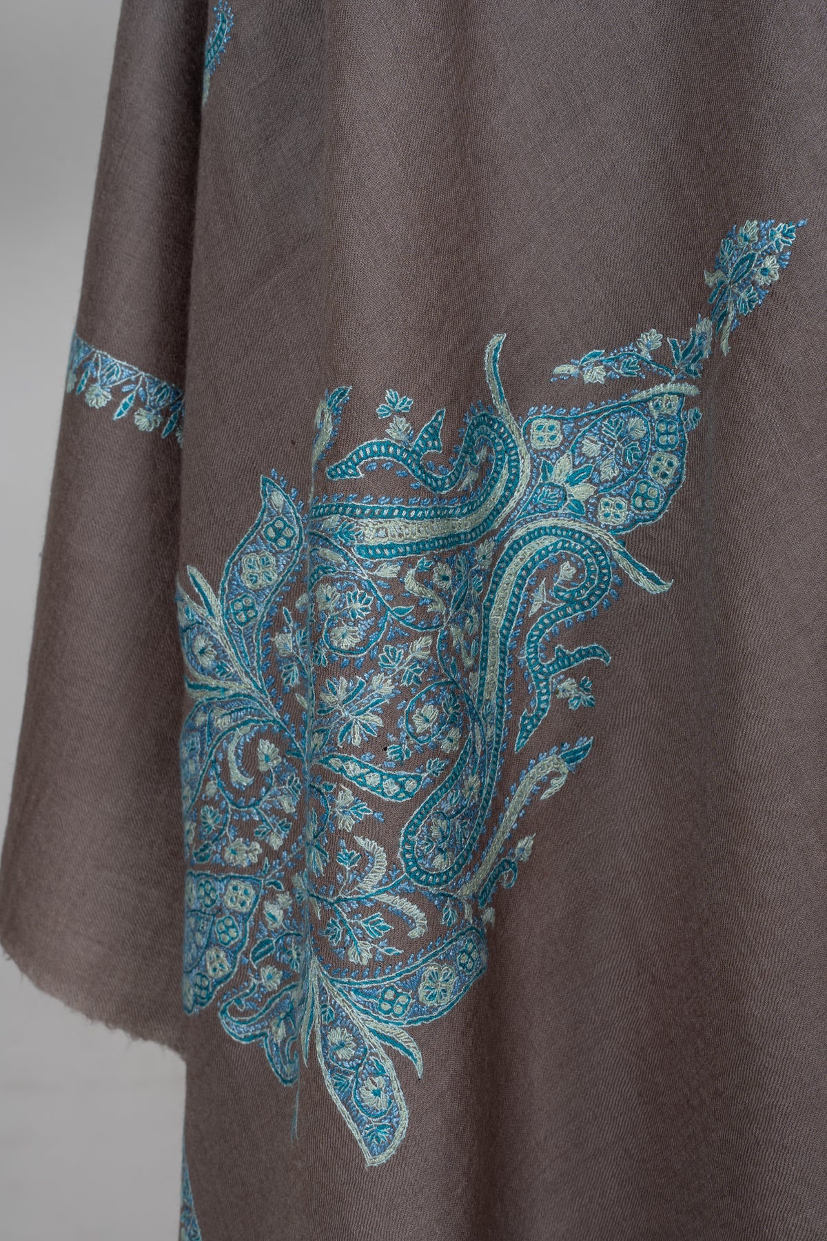 Taupe Tranquility Fine Merino Wool Shawl with Turquoise Sozni Hand Embroidered Paisleys