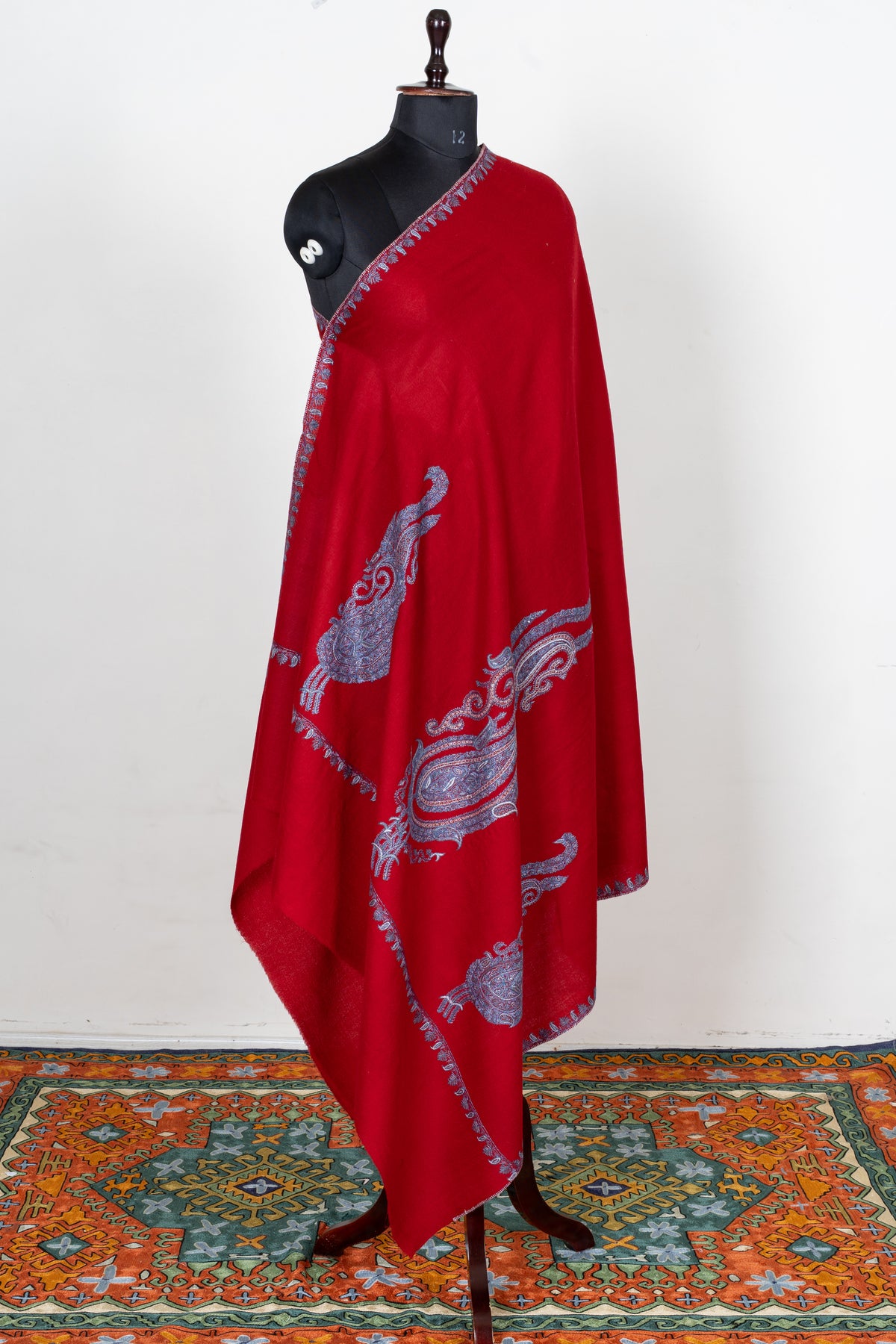 Scarlet Silver Splendor Fine Merino Wool Shawl with Sozni Hand Embroidered Paisley Motifs