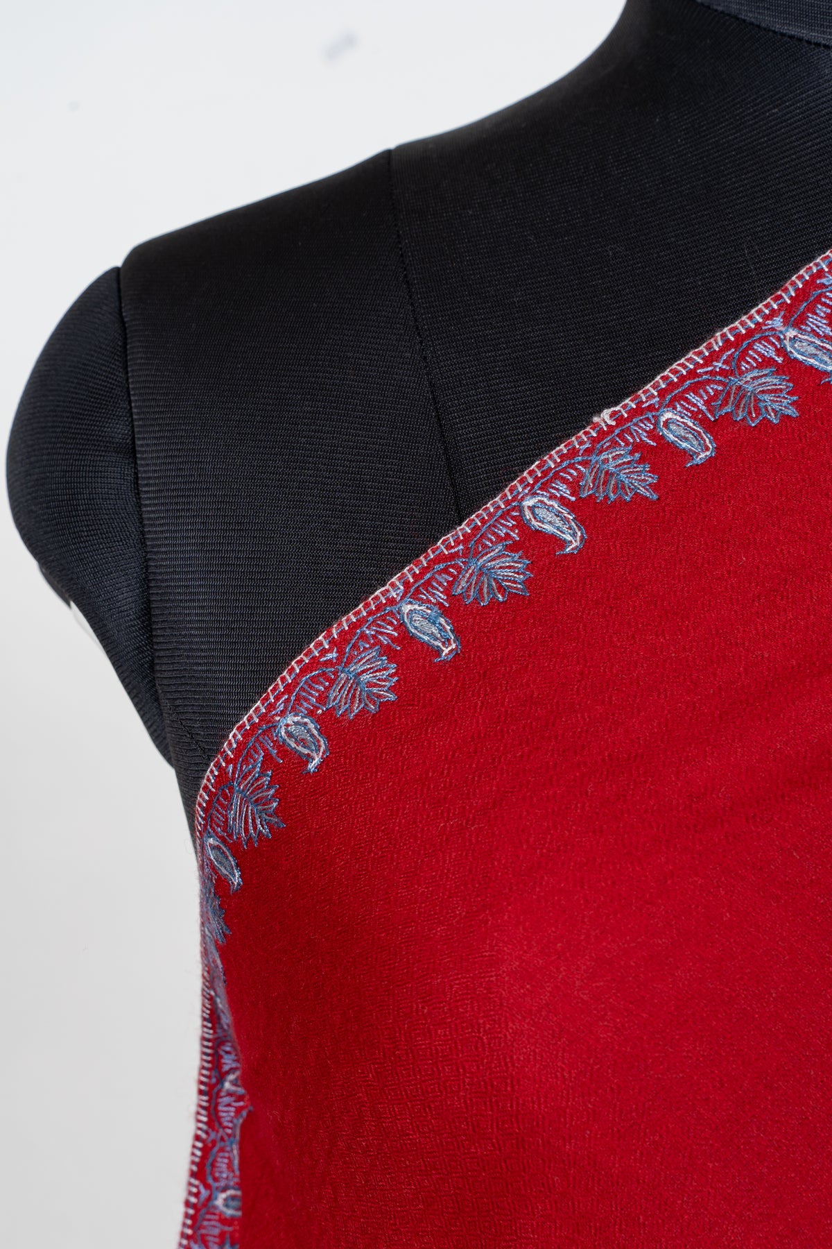 Scarlet Silver Splendor Fine Merino Wool Shawl with Sozni Hand Embroidered Paisley Motifs
