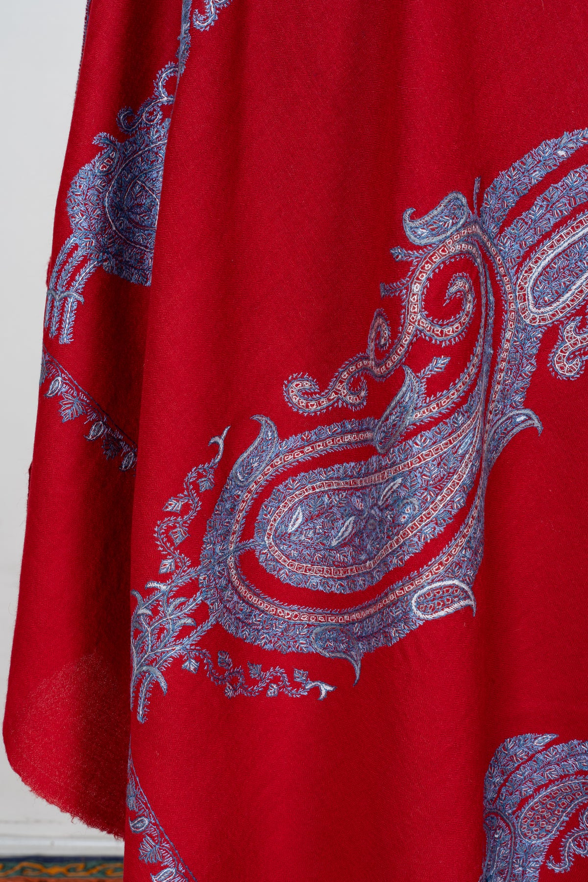 Scarlet Silver Splendor Fine Merino Wool Shawl with Sozni Hand Embroidered Paisley Motifs