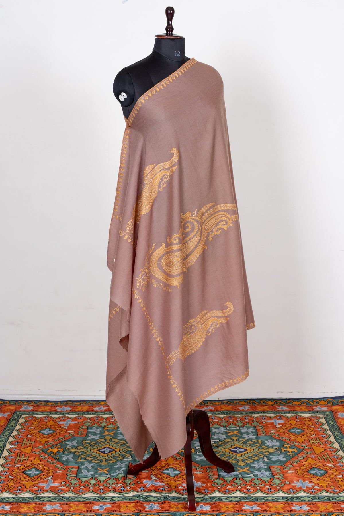 Rosewood Gold Fine Merino Wool Shawl with Sozni Hand Embroidered Ornamental Paisleys