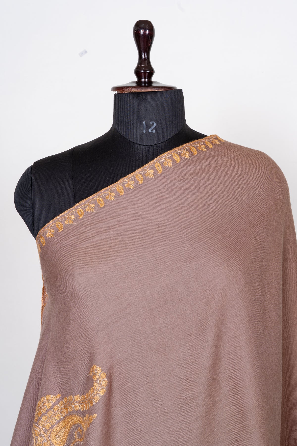 Rosewood Gold Fine Merino Wool Shawl with Sozni Hand Embroidered Ornamental Paisleys