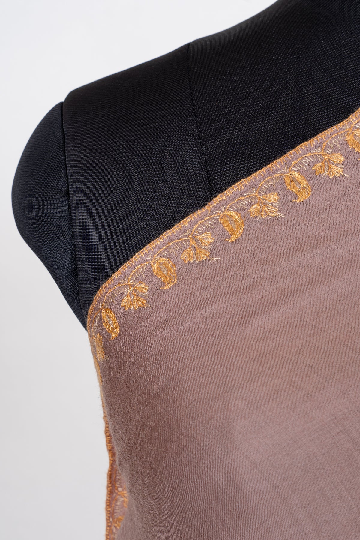 Rosewood Gold Fine Merino Wool Shawl with Sozni Hand Embroidered Ornamental Paisleys
