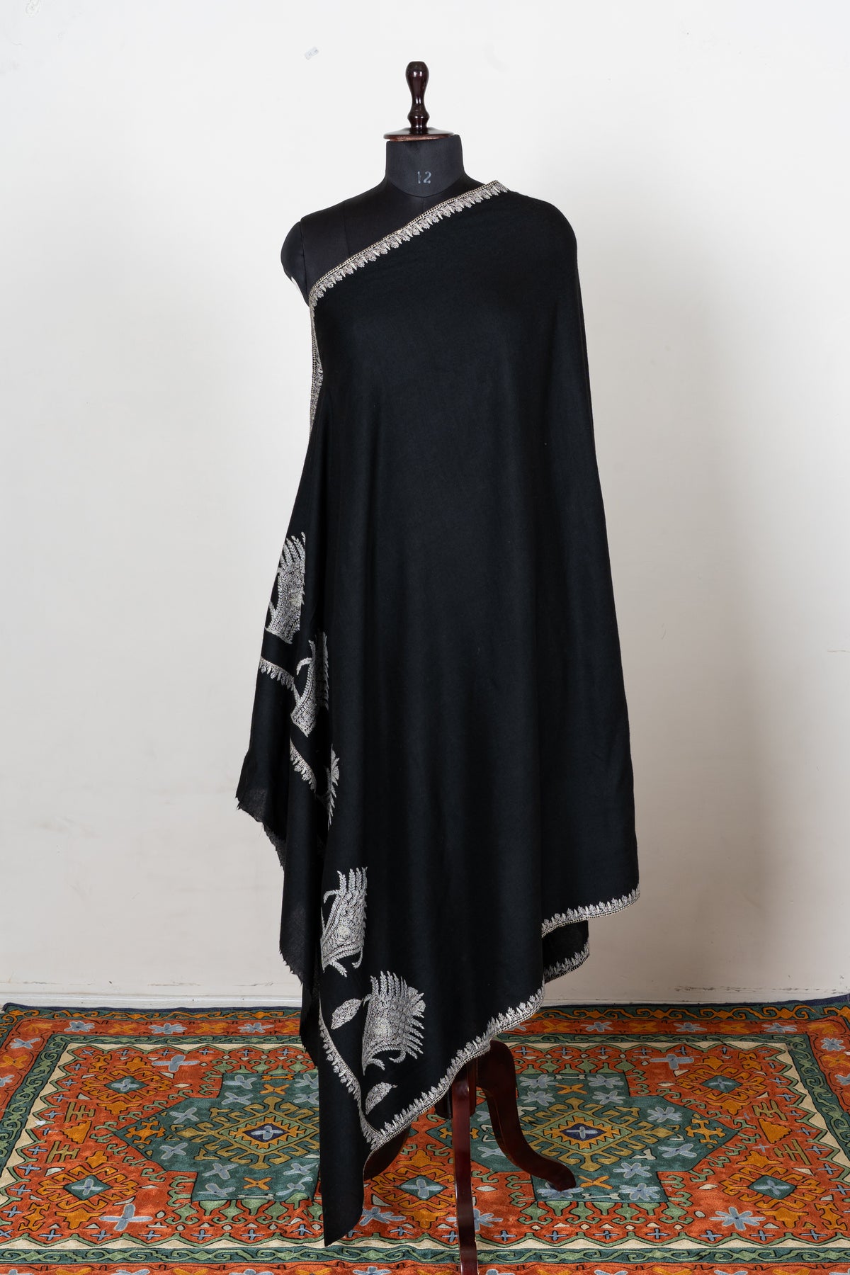 Midnight Silver Fern Fine Merino Wool Shawl with Sozni Hand Embroidered Botanical Motifs