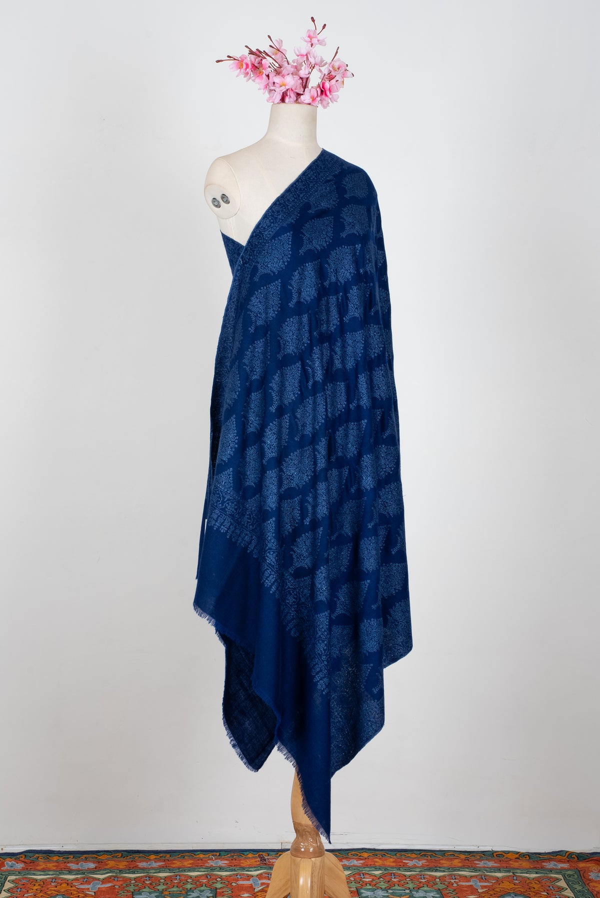 Sapphire Bloom Whisper: Pure Pashmina Hand Embroidered Shawl