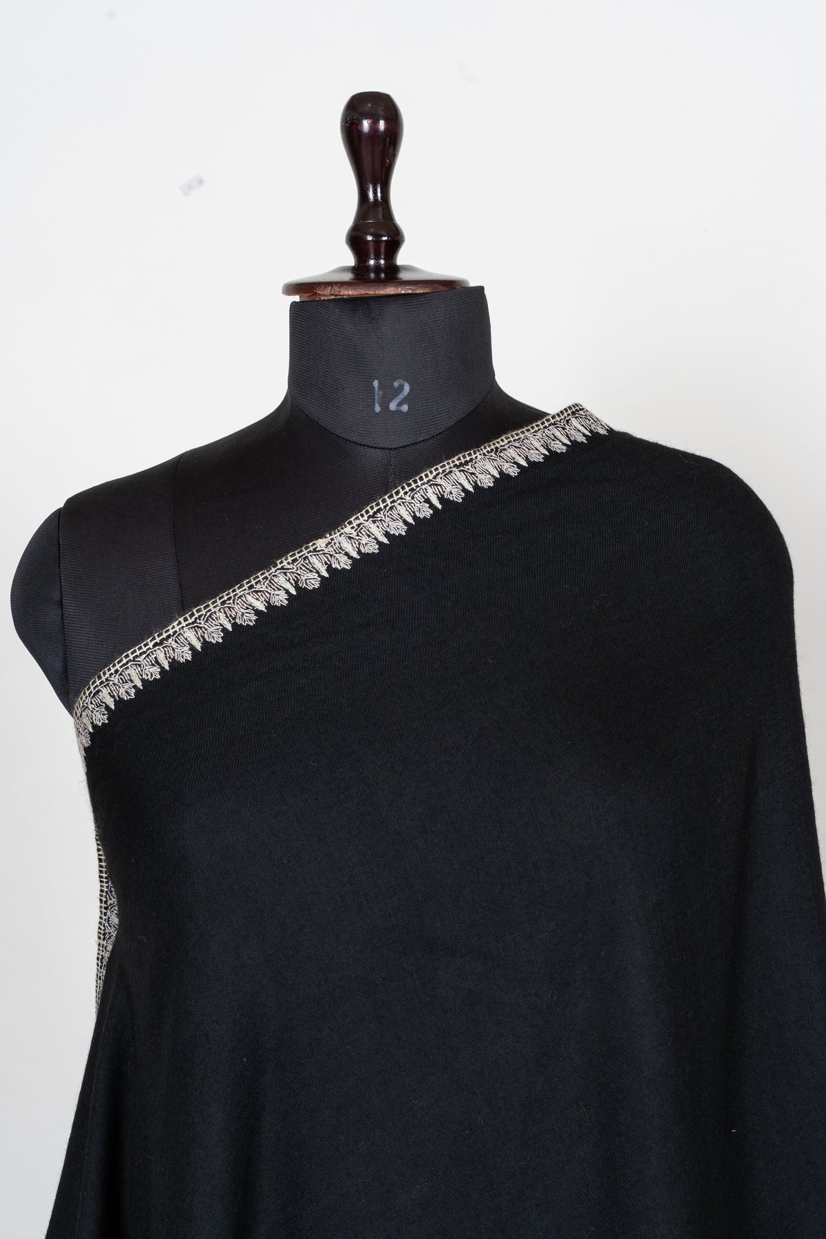 Midnight Silver Fern Fine Merino Wool Shawl with Sozni Hand Embroidered Botanical Motifs