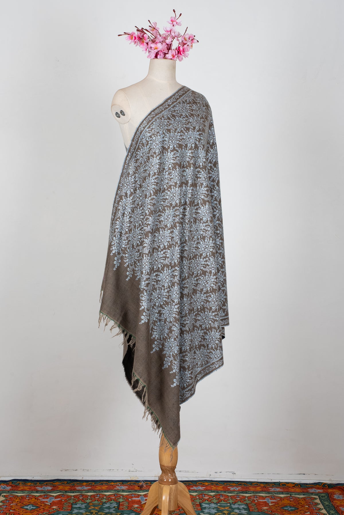 Taupe Silver Garden: Pure Pashmina Hand Embroidered Jamawar Shawl