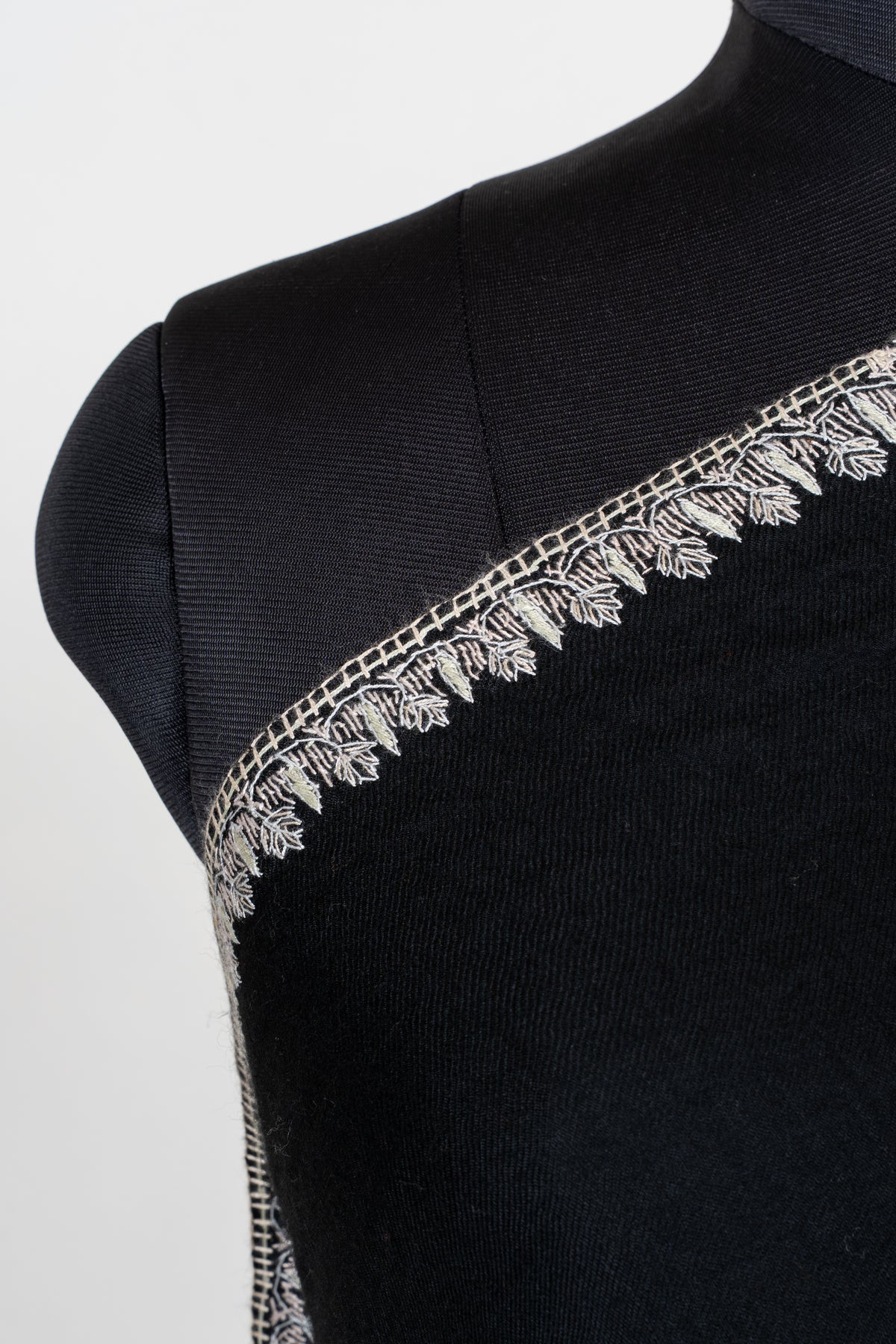 Midnight Silver Fern Fine Merino Wool Shawl with Sozni Hand Embroidered Botanical Motifs