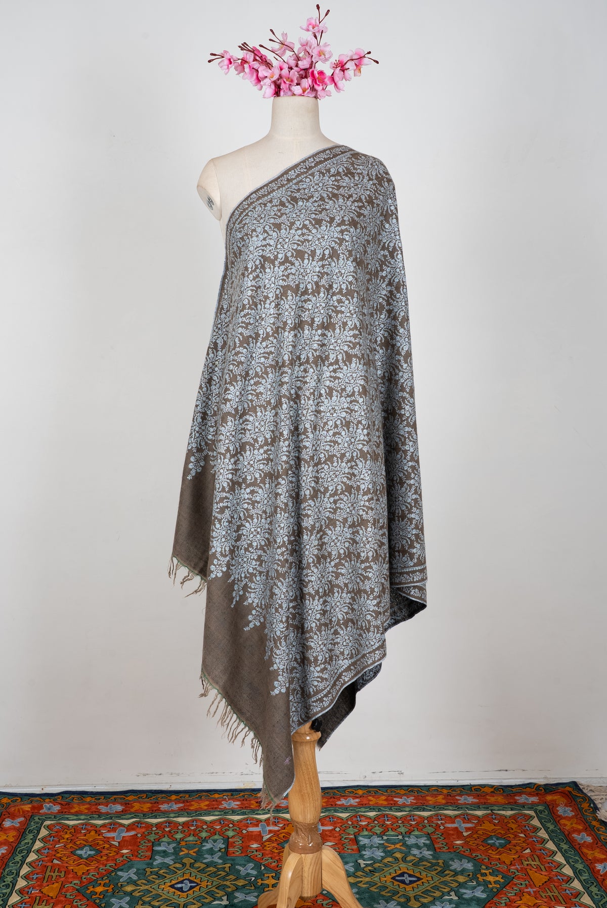Taupe Silver Garden: Pure Pashmina Hand Embroidered Jamawar Shawl
