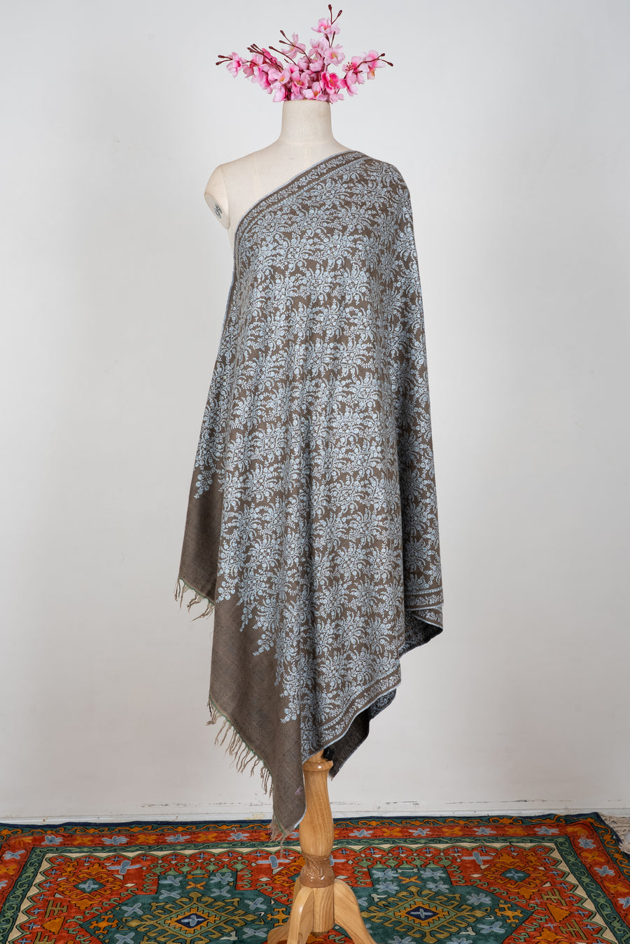 Taupe Silver Garden: Pure Pashmina Hand Embroidered Jamawar Shawl