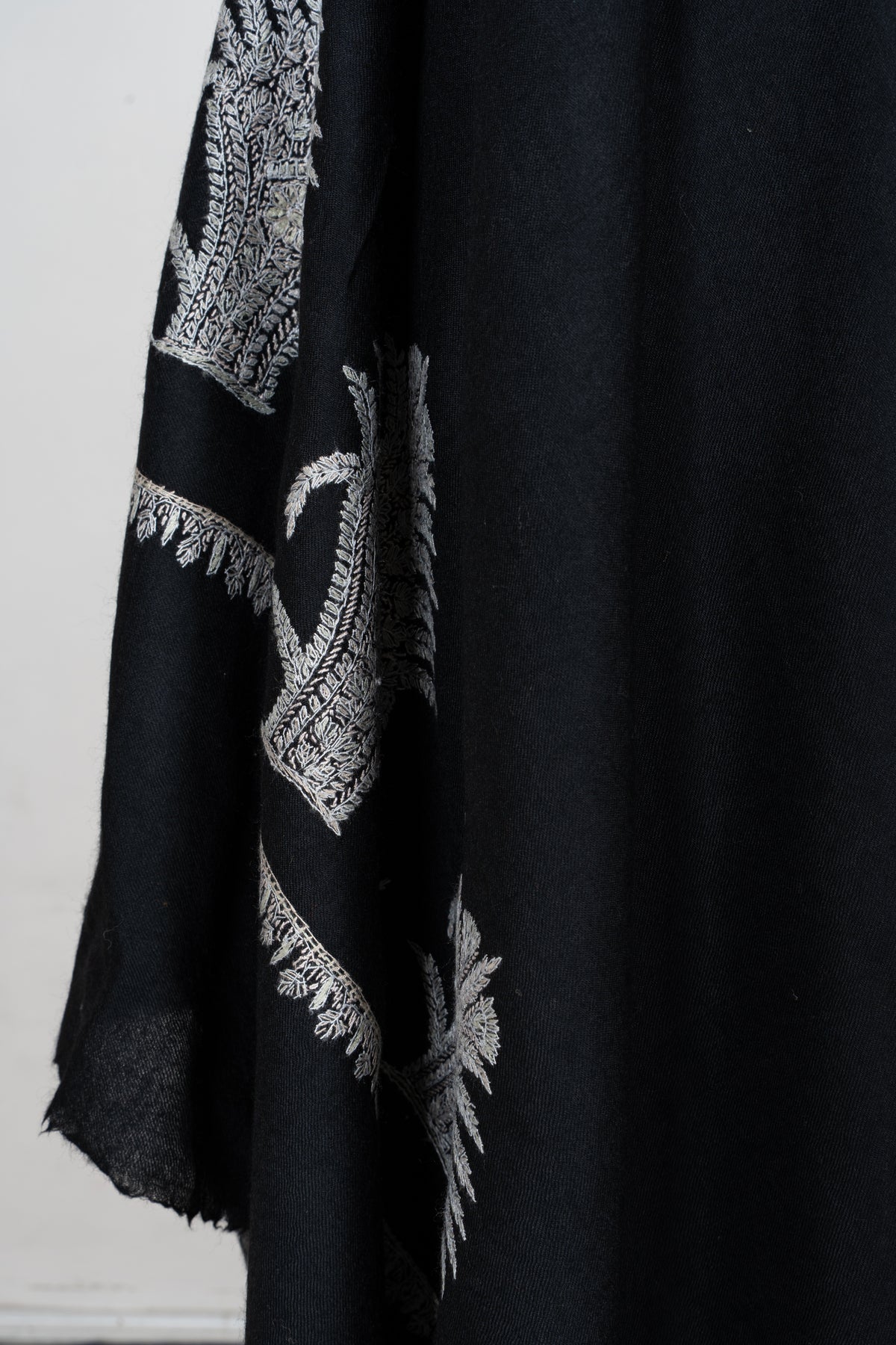 Midnight Silver Fern Fine Merino Wool Shawl with Sozni Hand Embroidered Botanical Motifs