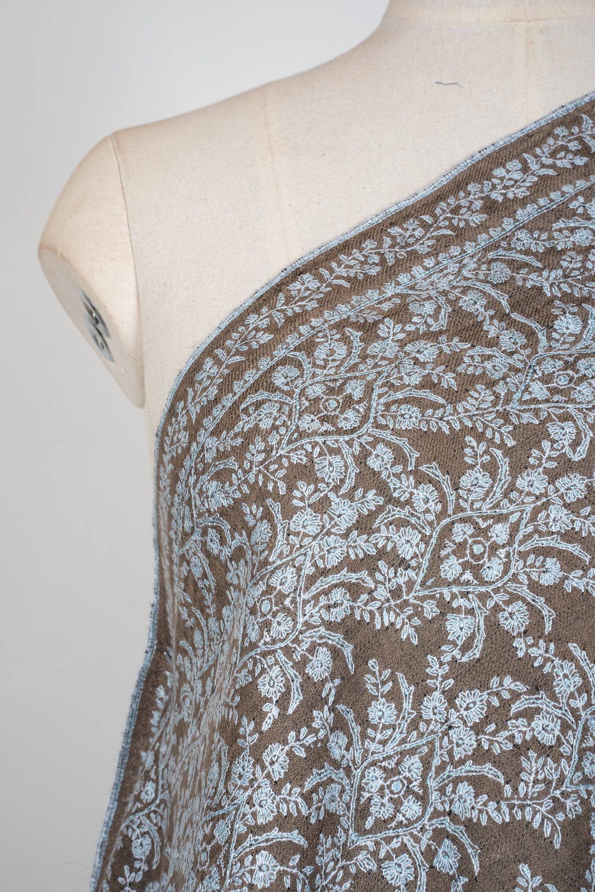 Taupe Silver Garden: Pure Pashmina Hand Embroidered Jamawar Shawl