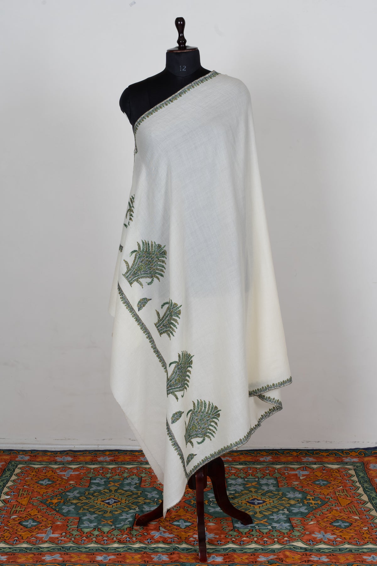 Ivory Evergreen Fine Merino Wool Shawl with Olive Green Sozni Hand Embroidered Fern Motifs