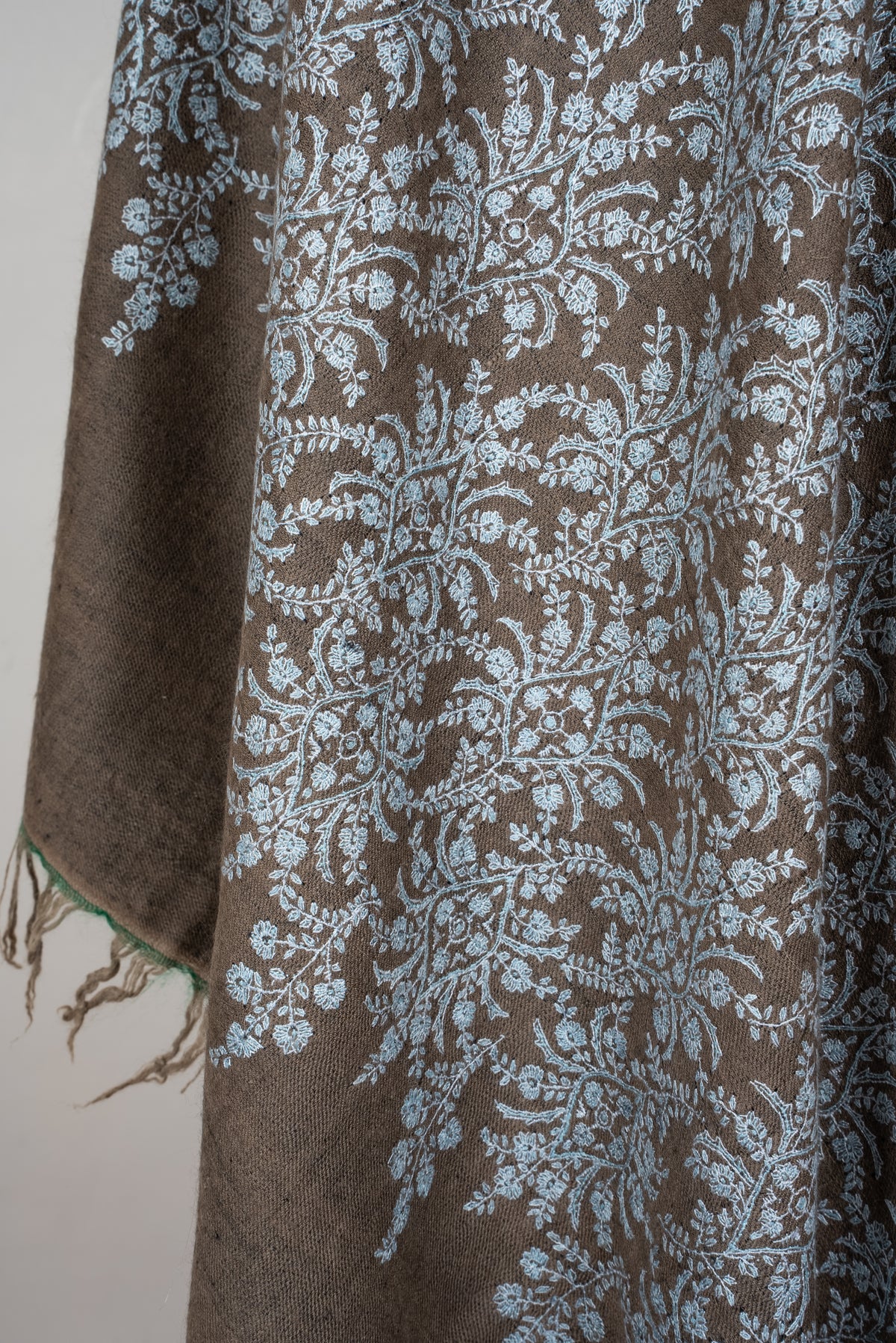 Taupe Silver Garden: Pure Pashmina Hand Embroidered Jamawar Shawl