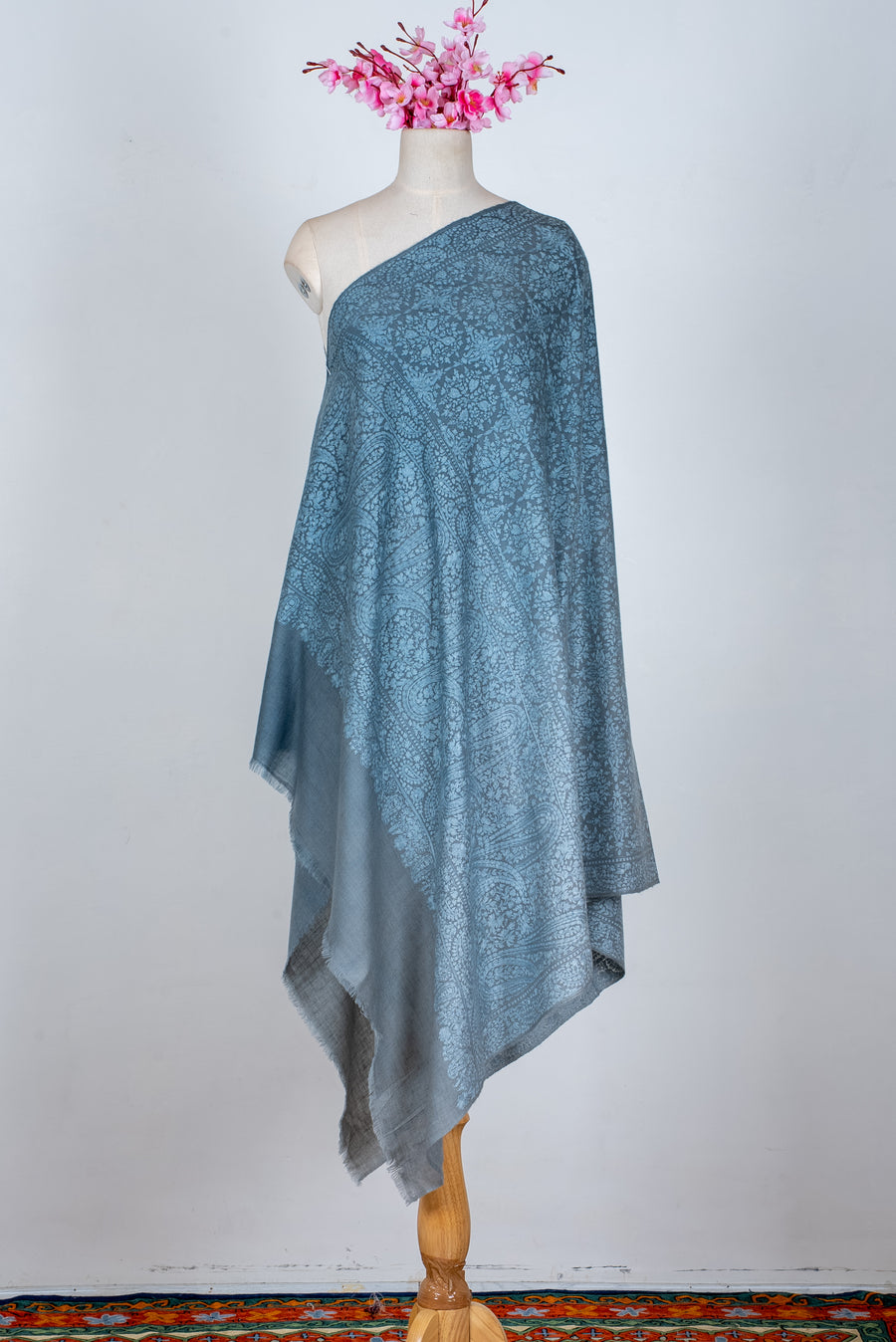 Misty Azure Hand Embroidered Pure Pashmina Jamawar Shawl