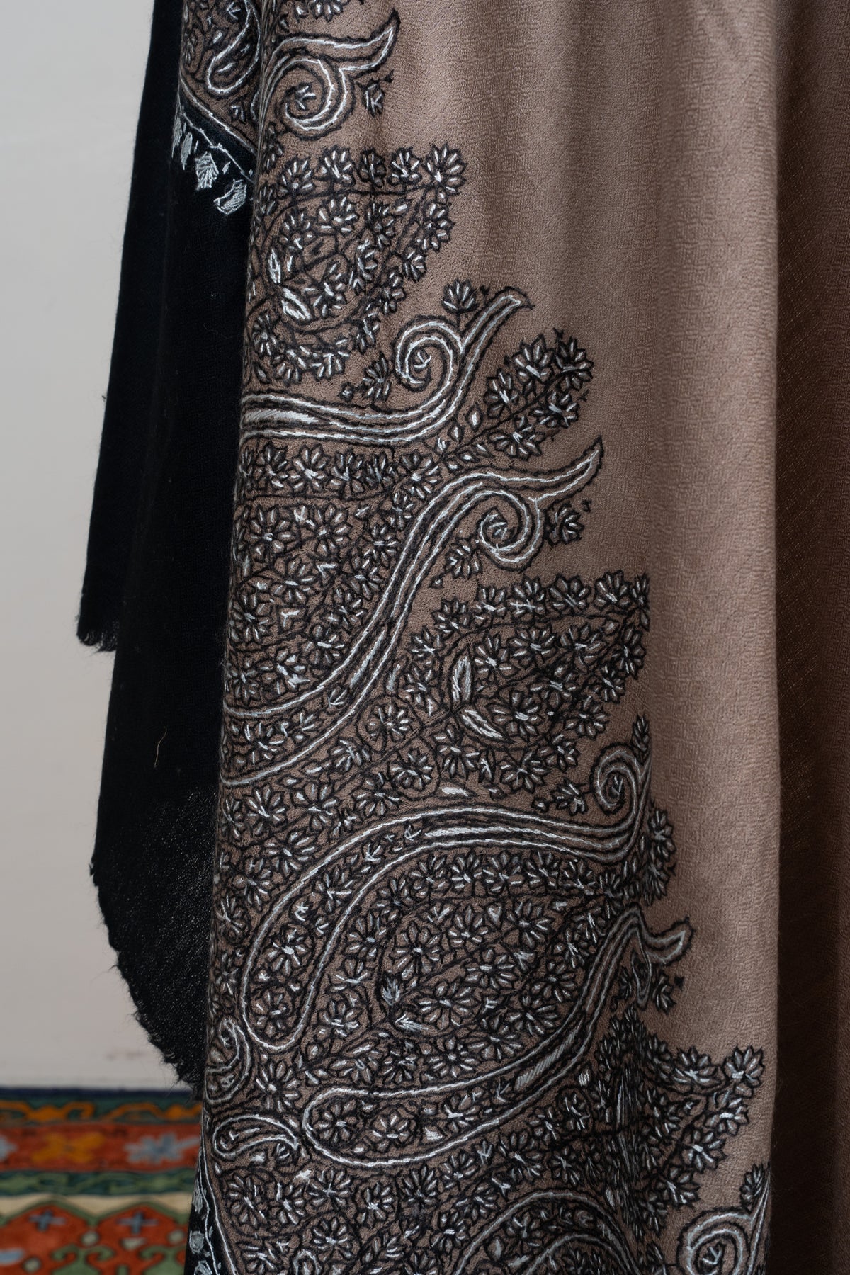 Desert Noir Paisley: Merino wool 2.5 Yards Sozni Hand Embroidered Shawl