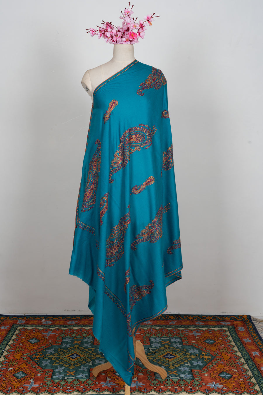 Ivory Bloom Merino wool 2.5 Yards Sozni Hand Embroidered Shawl