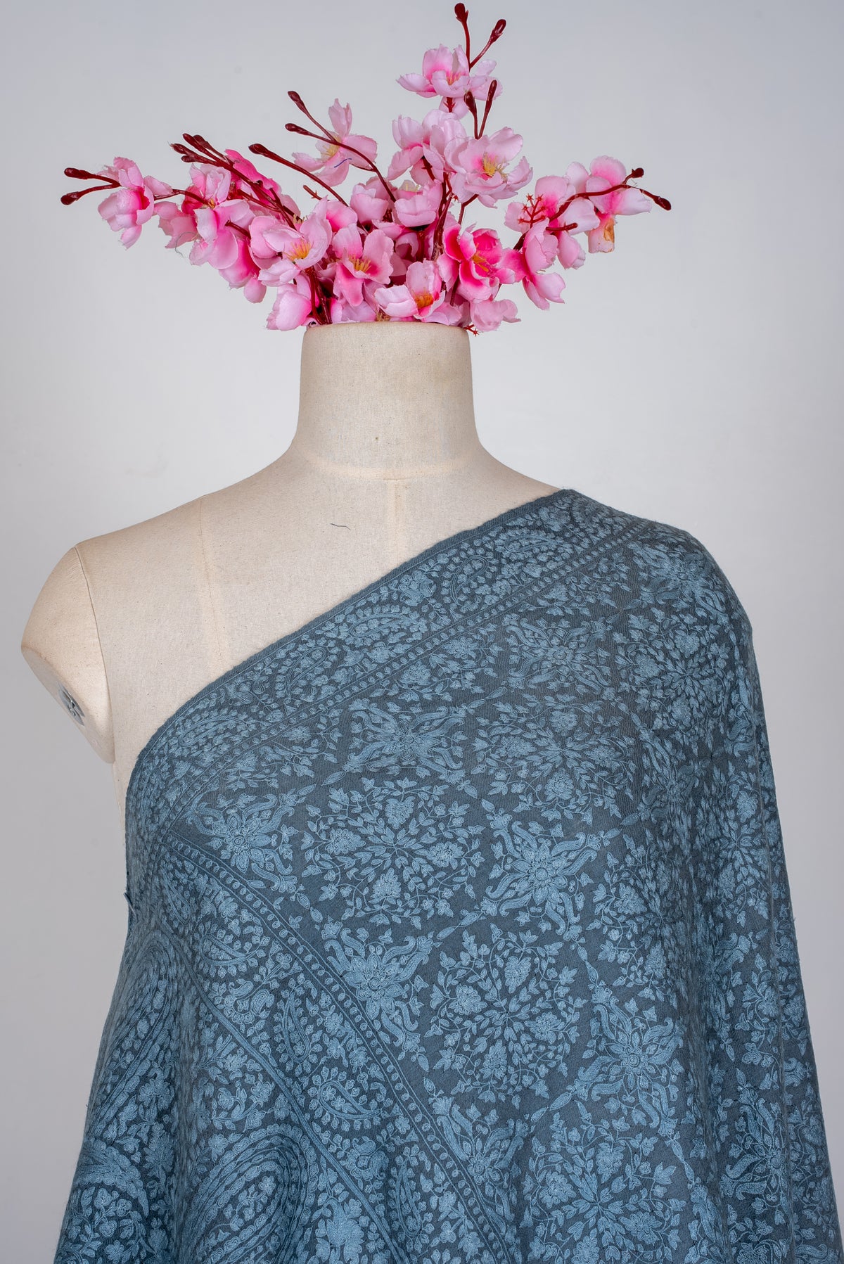 Misty Azure Hand Embroidered Pure Pashmina Jamawar Shawl