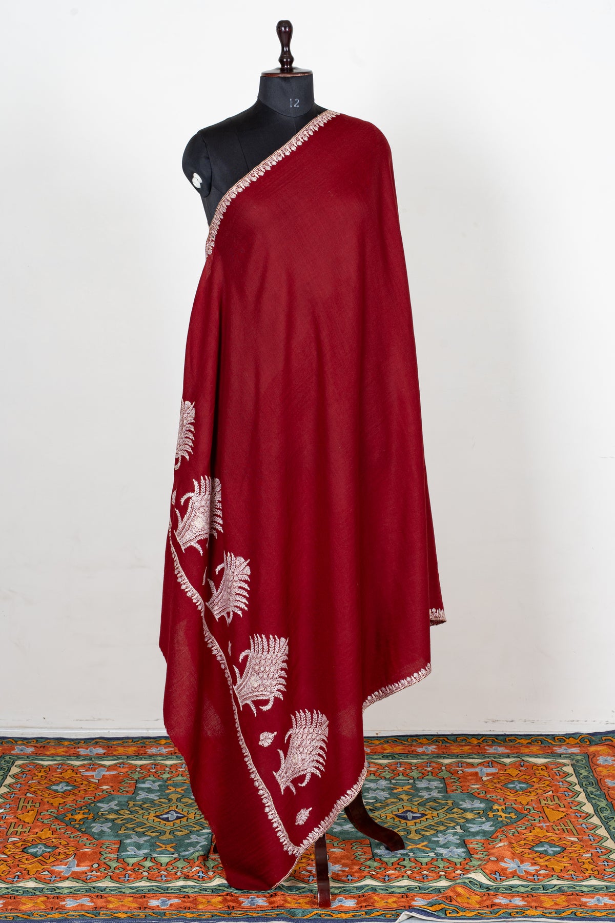 Crimson Ivory Fine Merino Wool Shawl with Sozni Hand Embroidered Fern Leaf Patterns