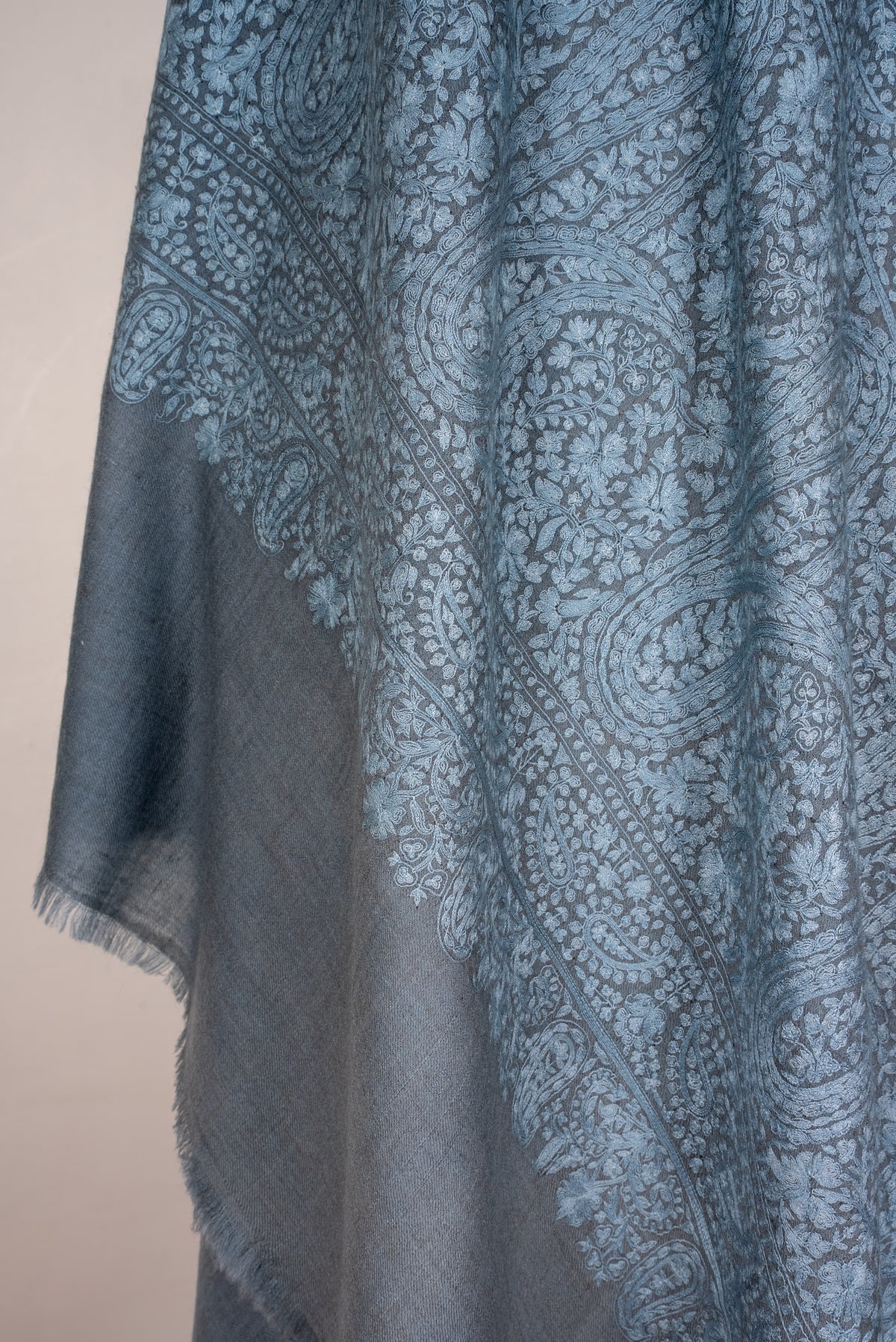 Misty Azure Hand Embroidered Pure Pashmina Jamawar Shawl