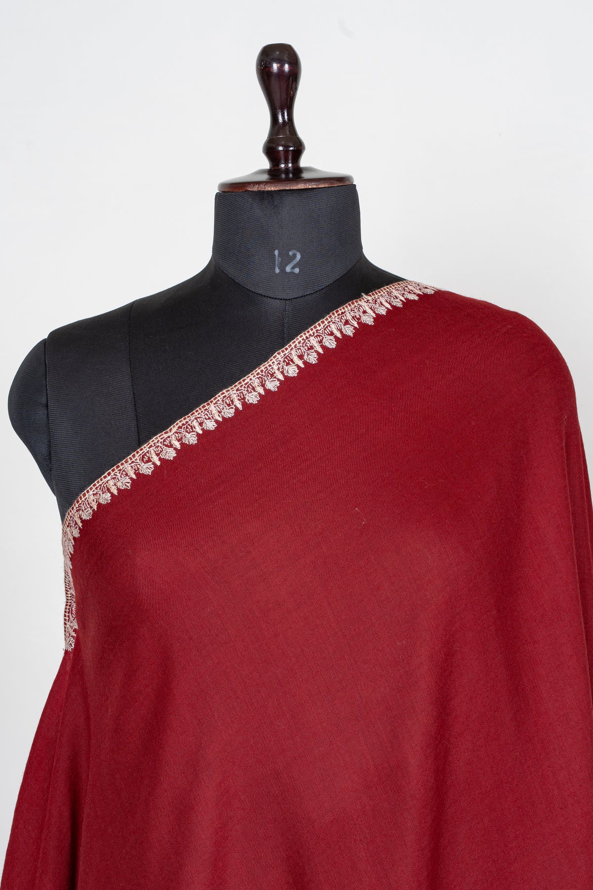 Crimson Ivory Fine Merino Wool Shawl with Sozni Hand Embroidered Fern Leaf Patterns