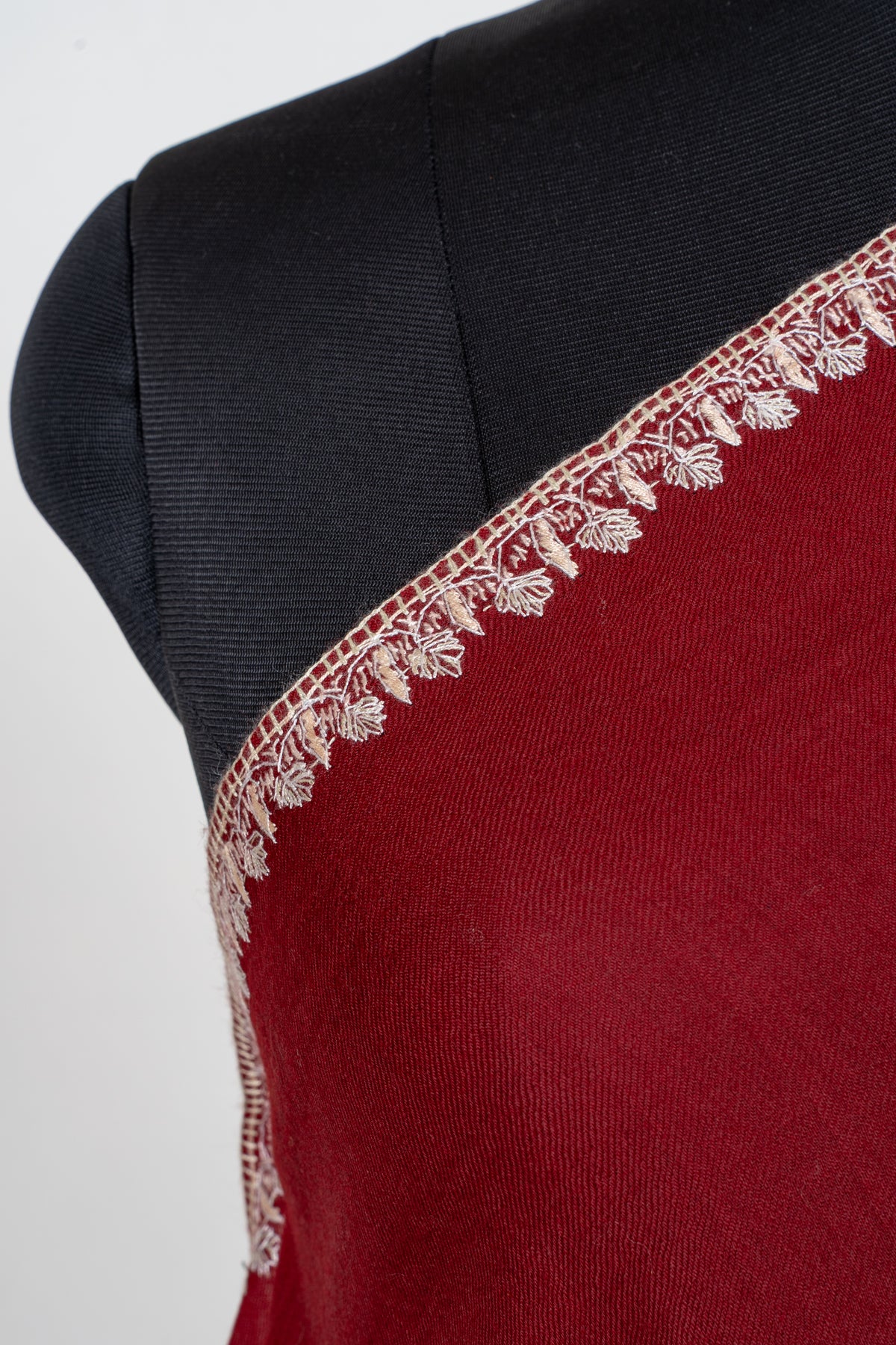 Crimson Ivory Fine Merino Wool Shawl with Sozni Hand Embroidered Fern Leaf Patterns