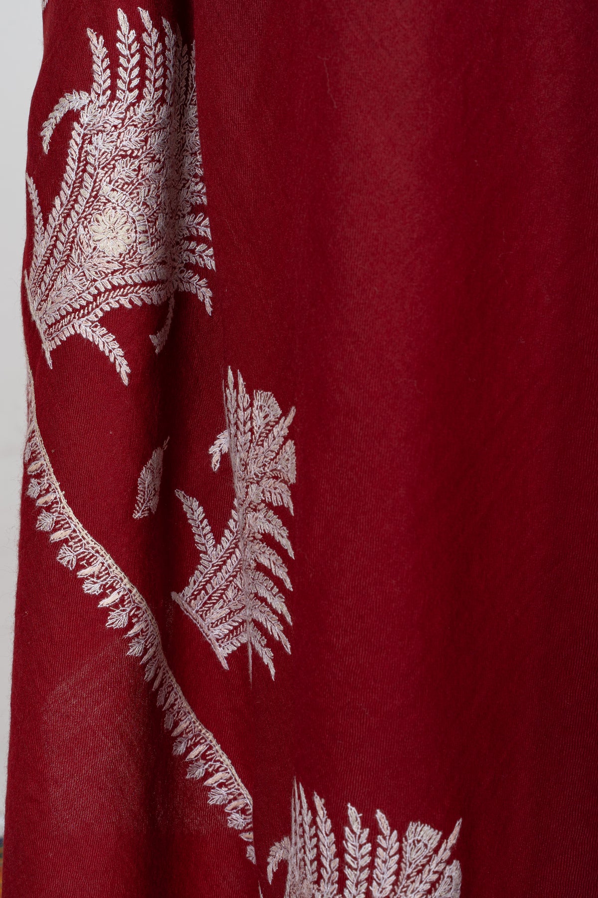 Crimson Ivory Fine Merino Wool Shawl with Sozni Hand Embroidered Fern Leaf Patterns