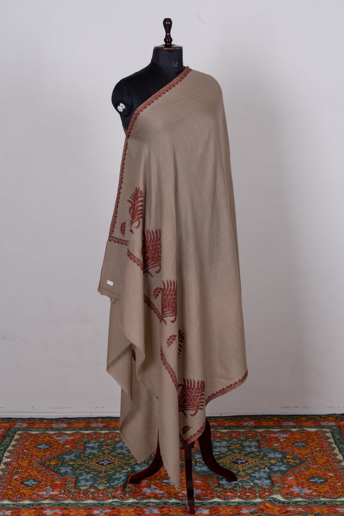 Cinnamon Sand Fine Merino Wool Shawl with Rust Sozni Hand Embroidered Fern Motifs