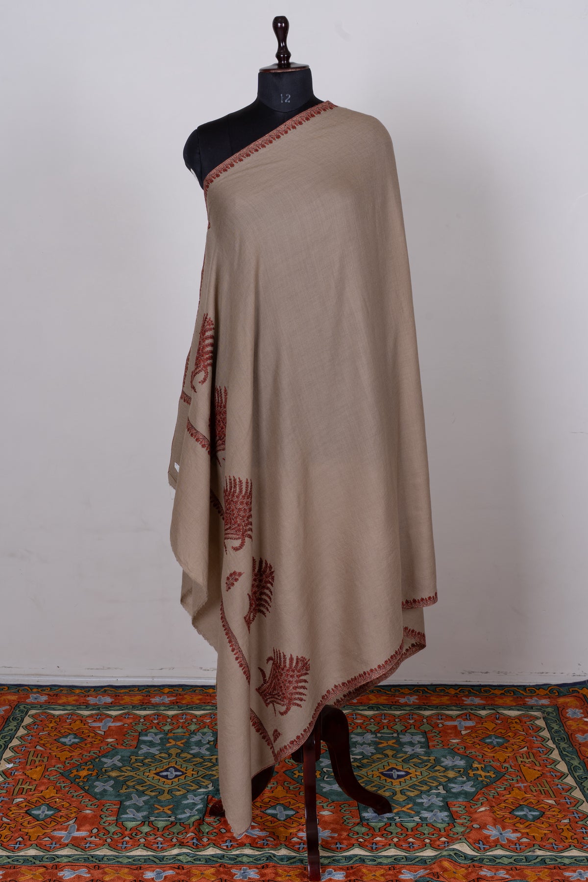 Cinnamon Sand Fine Merino Wool Shawl with Rust Sozni Hand Embroidered Fern Motifs