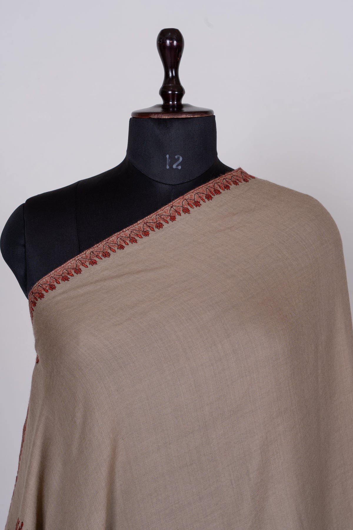Cinnamon Sand Fine Merino Wool Shawl with Rust Sozni Hand Embroidered Fern Motifs