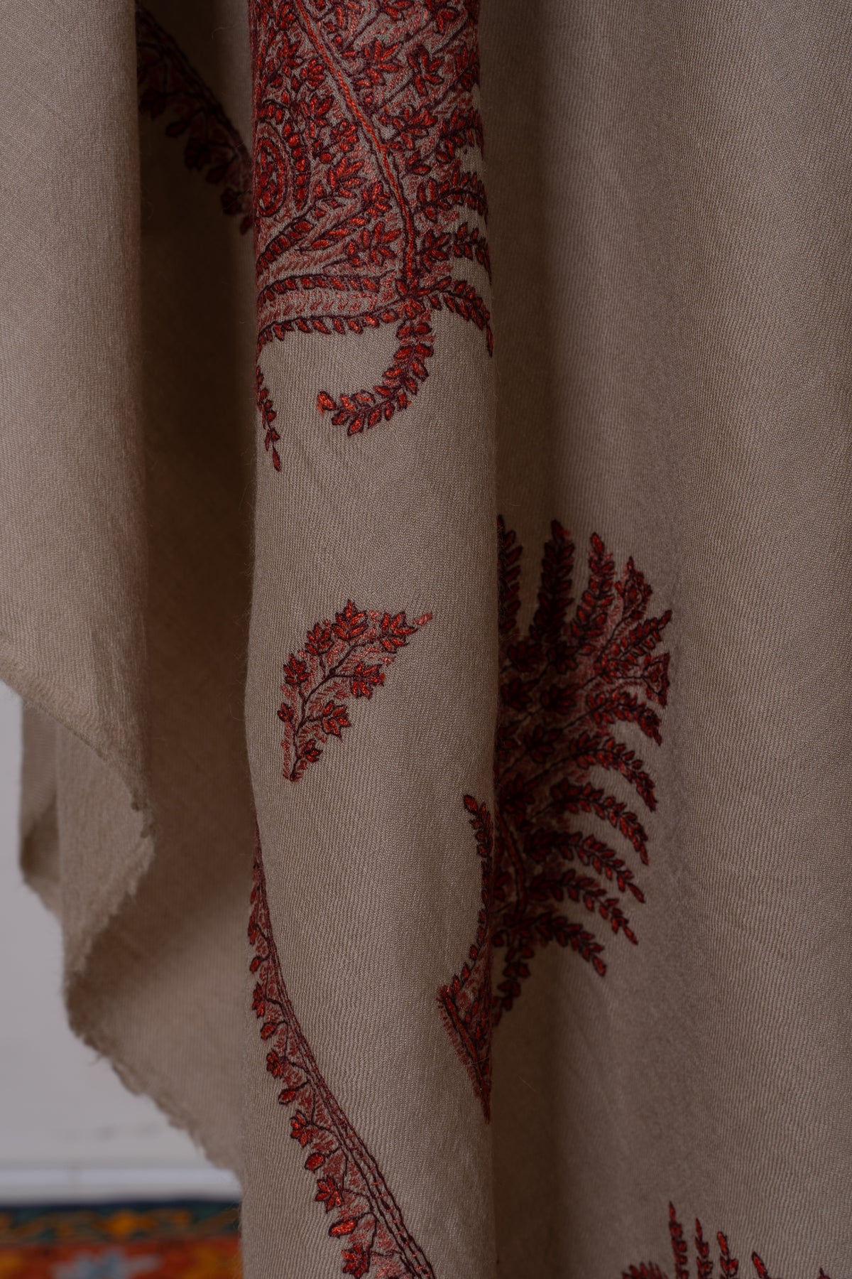 Cinnamon Sand Fine Merino Wool Shawl with Rust Sozni Hand Embroidered Fern Motifs