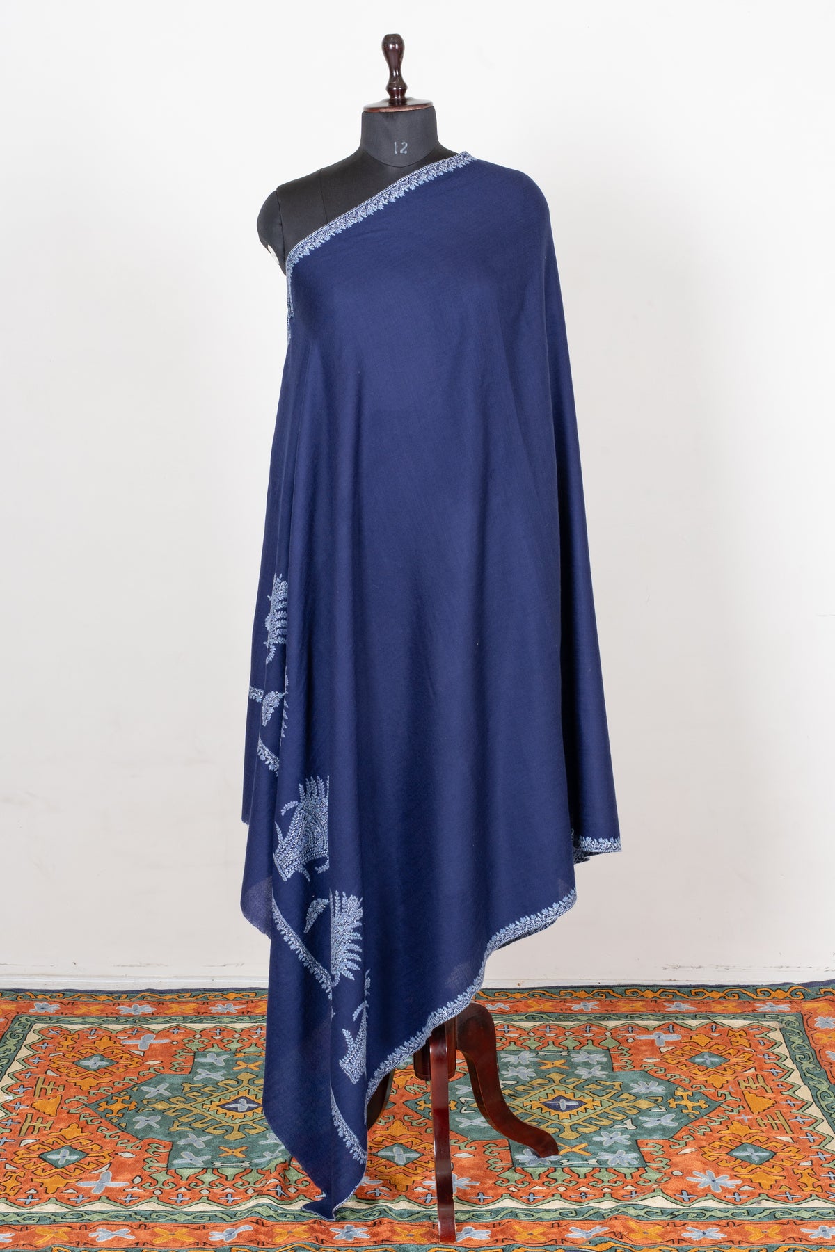 Sapphire Frost Fine Merino Wool Shawl with Silver Blue Sozni Hand Embroidered Ferns
