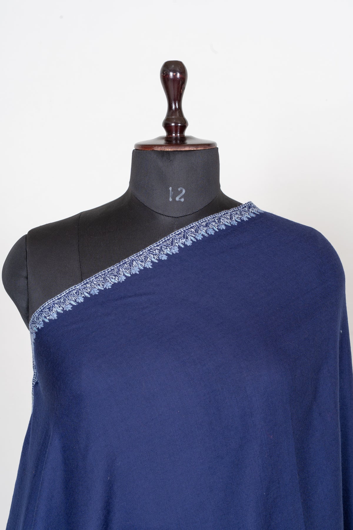Sapphire Frost Fine Merino Wool Shawl with Silver Blue Sozni Hand Embroidered Ferns