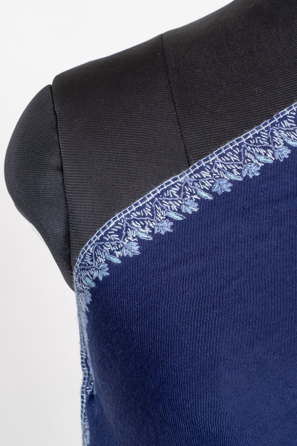 Sapphire Frost Fine Merino Wool Shawl with Silver Blue Sozni Hand Embroidered Ferns