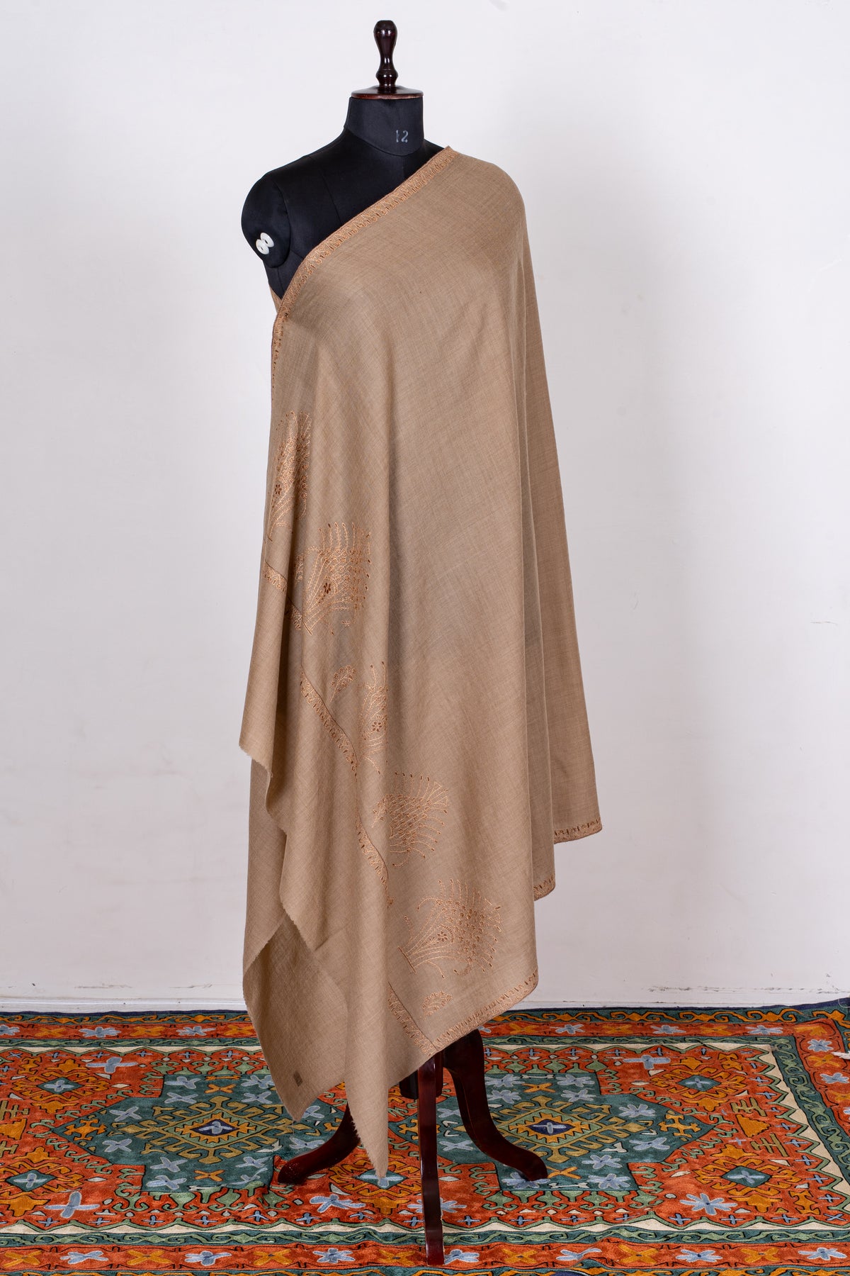 Sand Dune Elegance Fine Merino Wool Shawl with Tonal Sozni Hand Embroidered Botanical Motifs