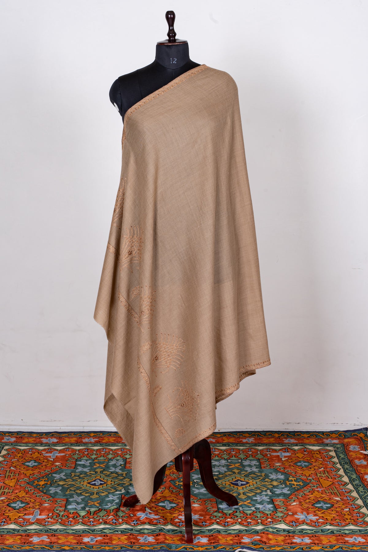 Sand Dune Elegance Fine Merino Wool Shawl with Tonal Sozni Hand Embroidered Botanical Motifs
