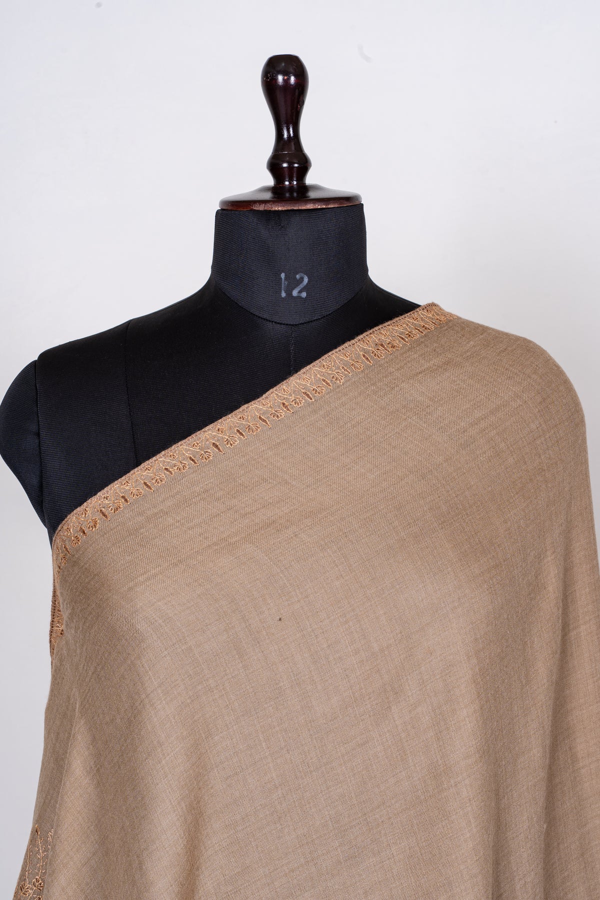 Sand Dune Elegance Fine Merino Wool Shawl with Tonal Sozni Hand Embroidered Botanical Motifs